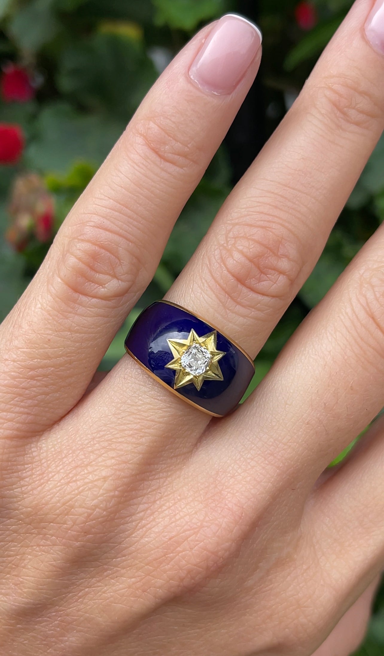 Old Mine cut Diamond and Blue Enamel Celestial ‘Star’ Ring in 18k Yellow Gold