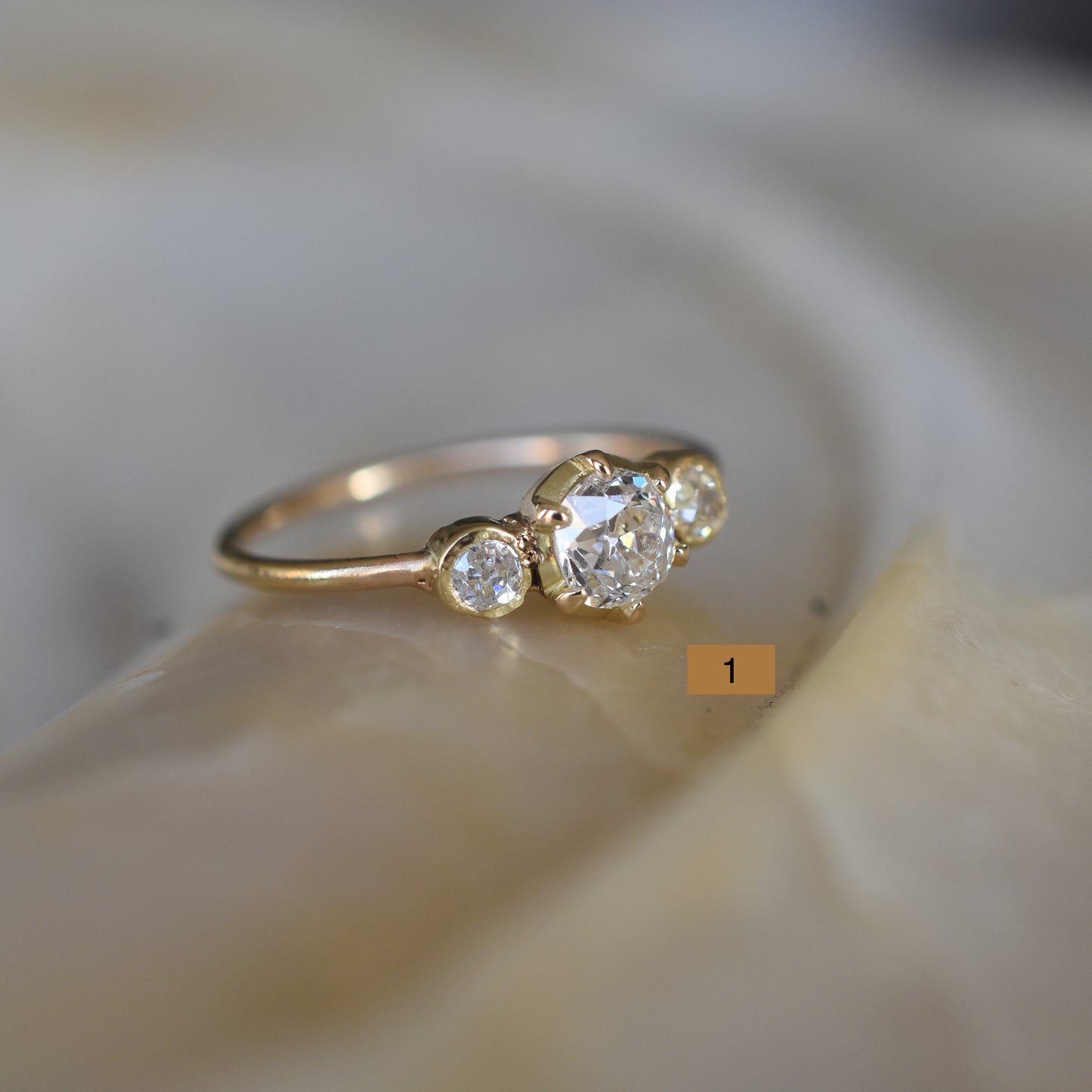 Old Cut Diamond Trilogy Diamond Engagement Rings - 18K Yellow Gold