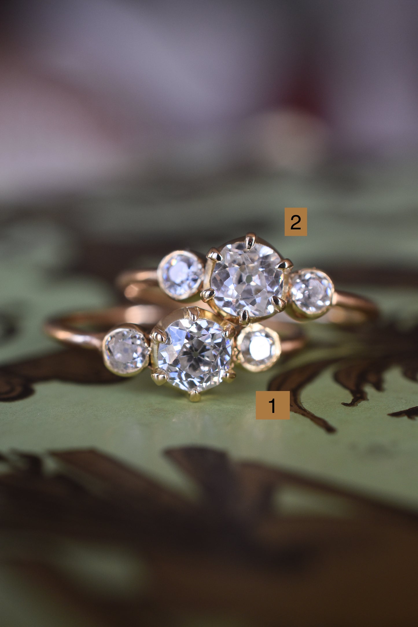 Old Cut Diamond Trilogy Diamond Engagement Rings - 18K Yellow Gold