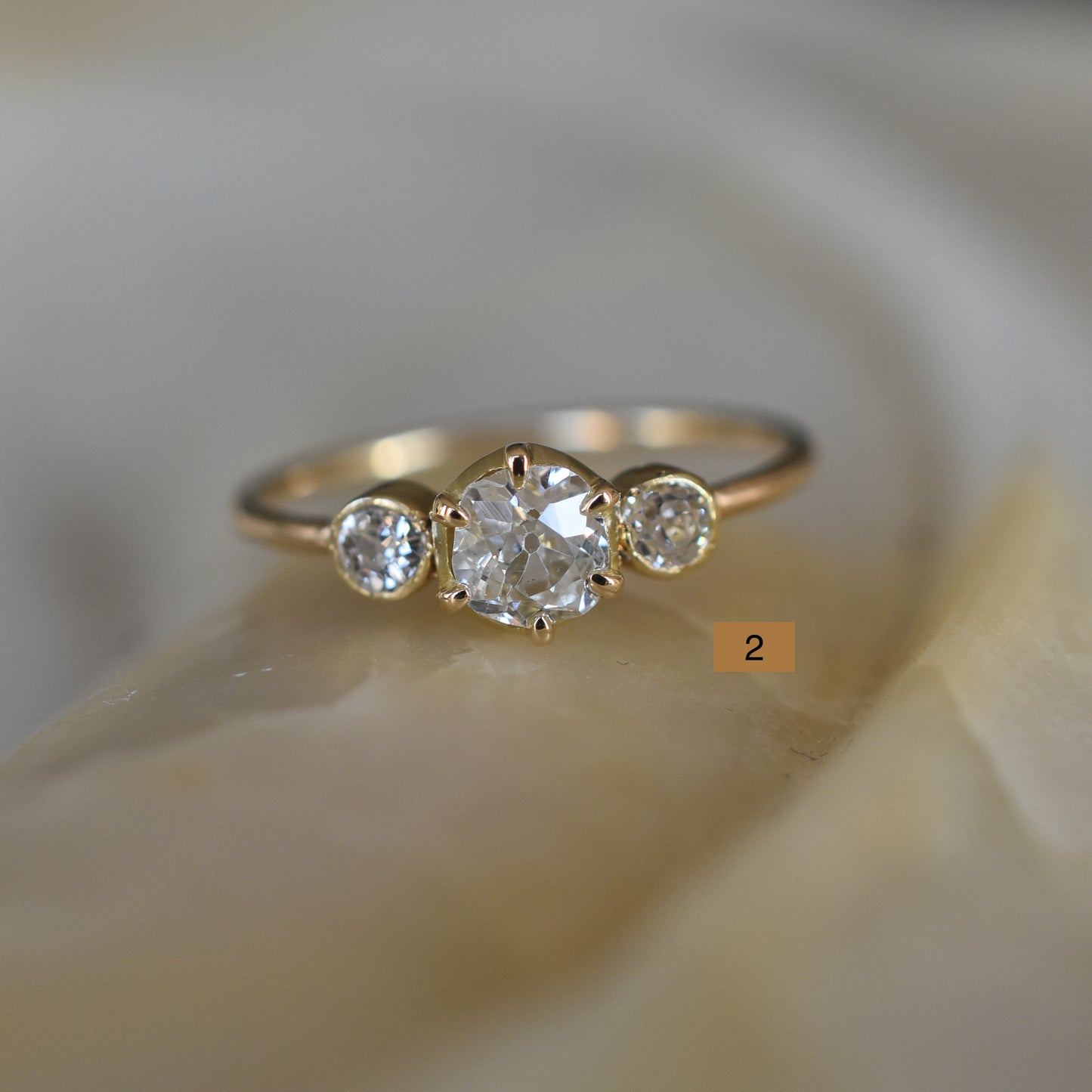 Old Cut Diamond Trilogy Diamond Engagement Rings - 18K Yellow Gold