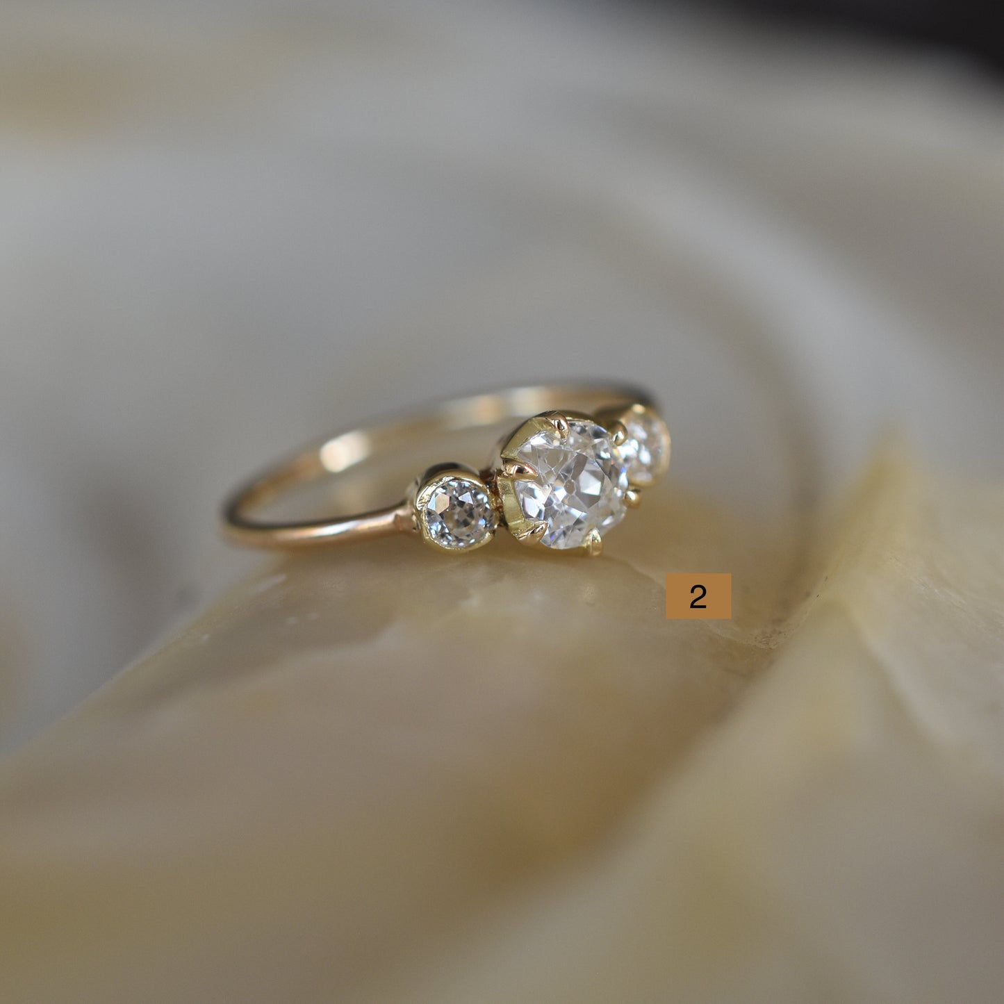 Old Cut Diamond Trilogy Diamond Engagement Rings - 18K Yellow Gold