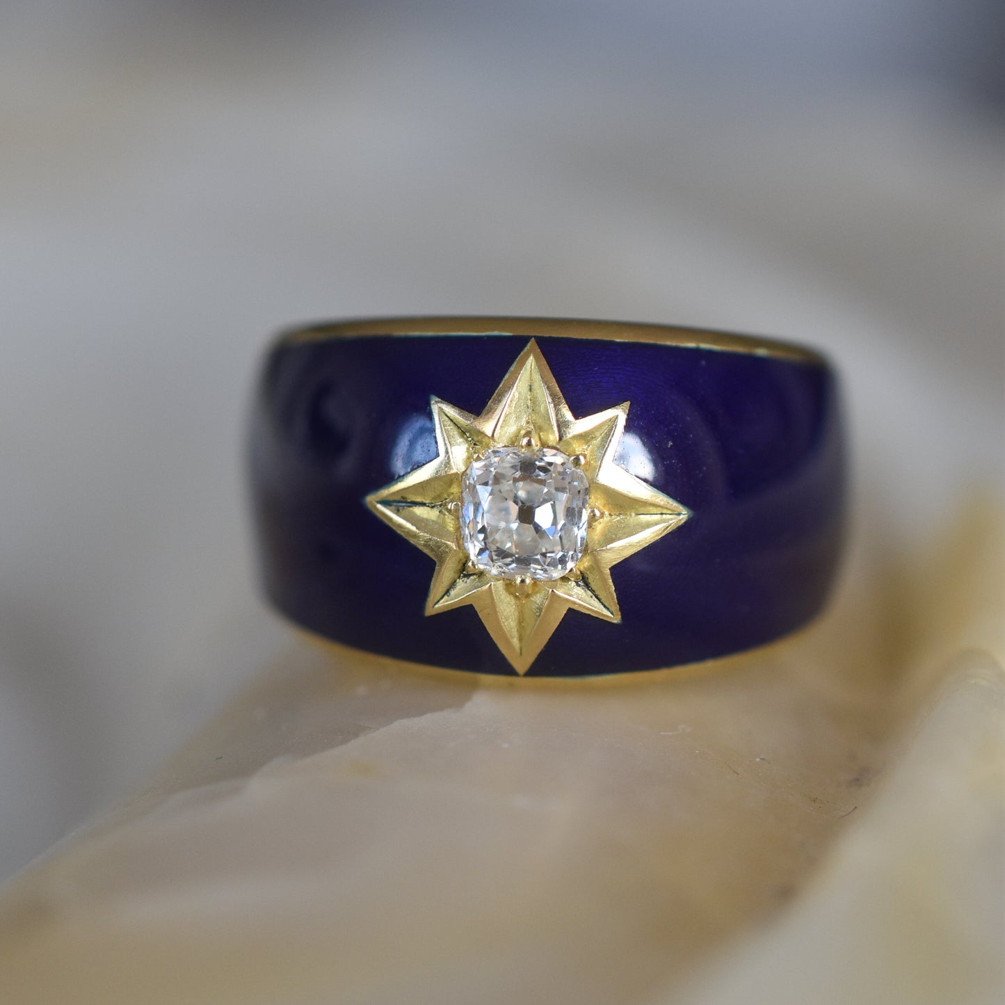 Old Mine cut Diamond and Blue Enamel Celestial ‘Star’ Ring in 18k Yellow Gold
