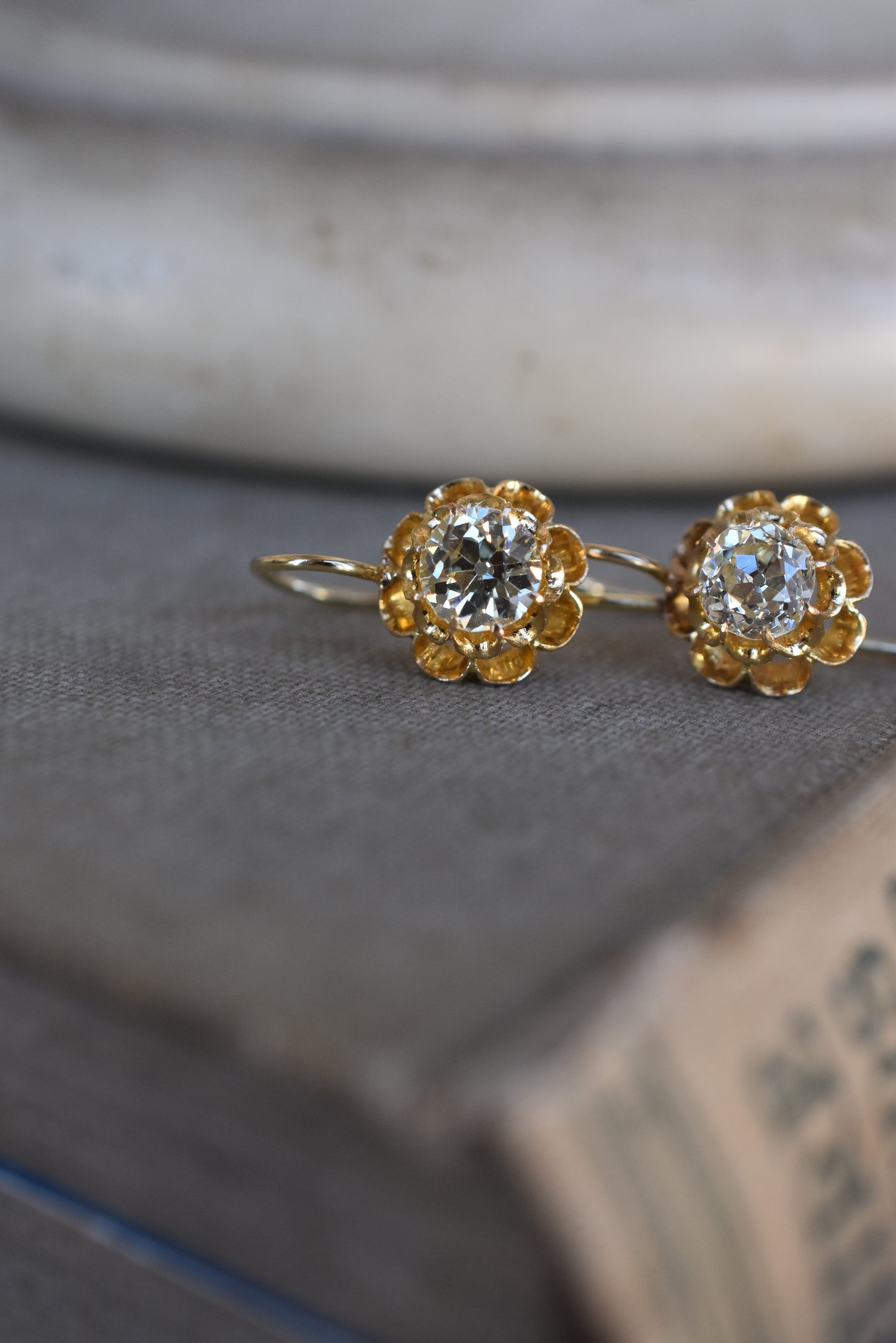 1.00ct Antique 18ct Gold Buttercup Solitaire Diamond Earrings - Victorian Diamond Earrings