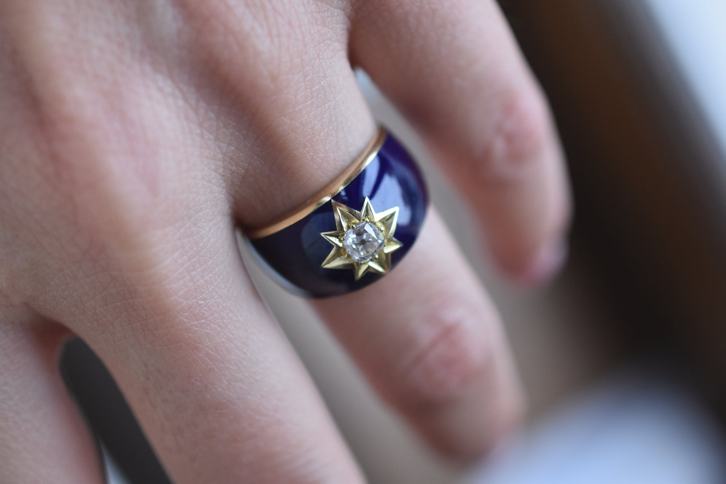 Old Mine cut Diamond and Blue Enamel Celestial ‘Star’ Ring in 18k Yellow Gold