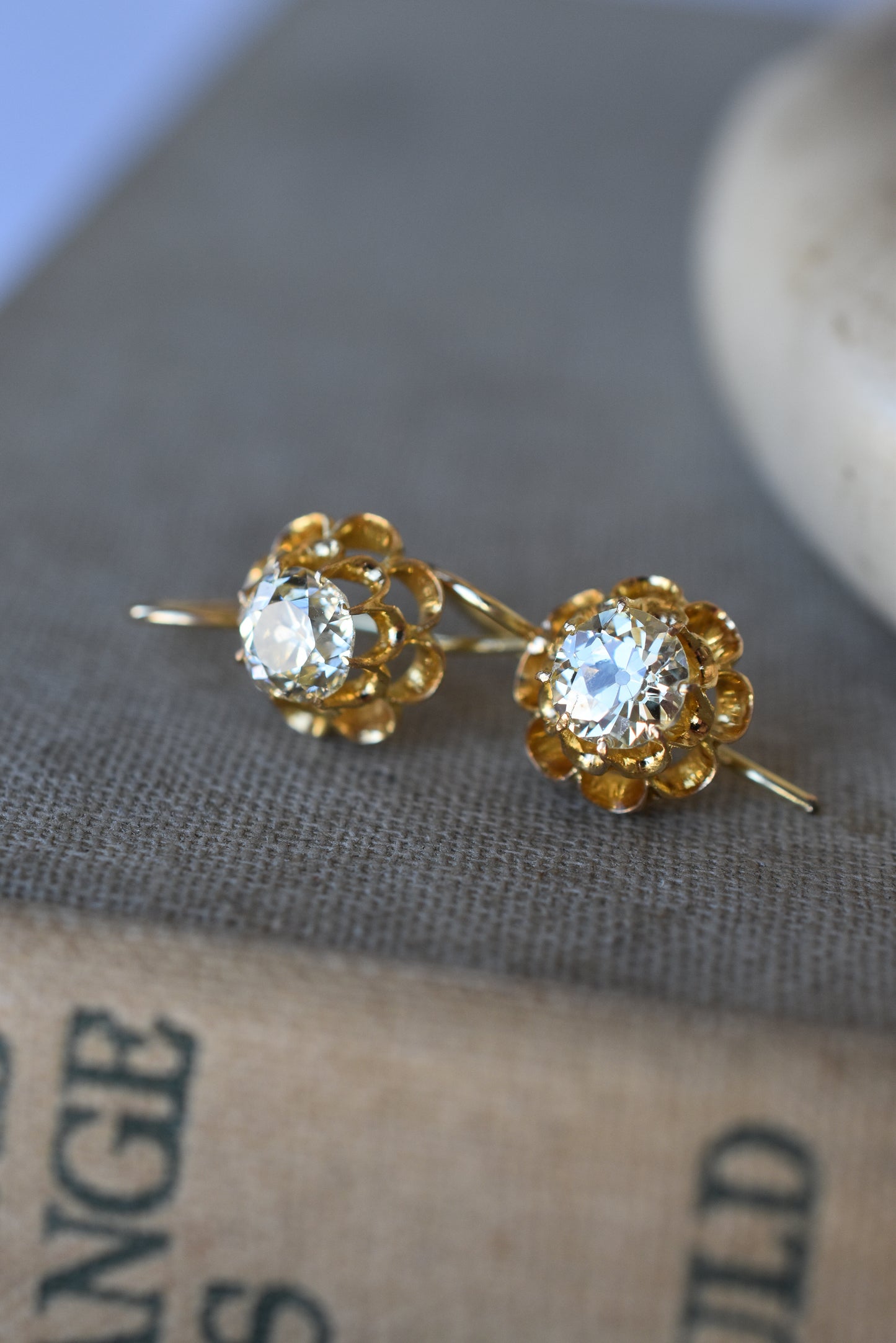 1.00ct Antique 18ct Gold Buttercup Solitaire Diamond Earrings - Victorian Diamond Earrings