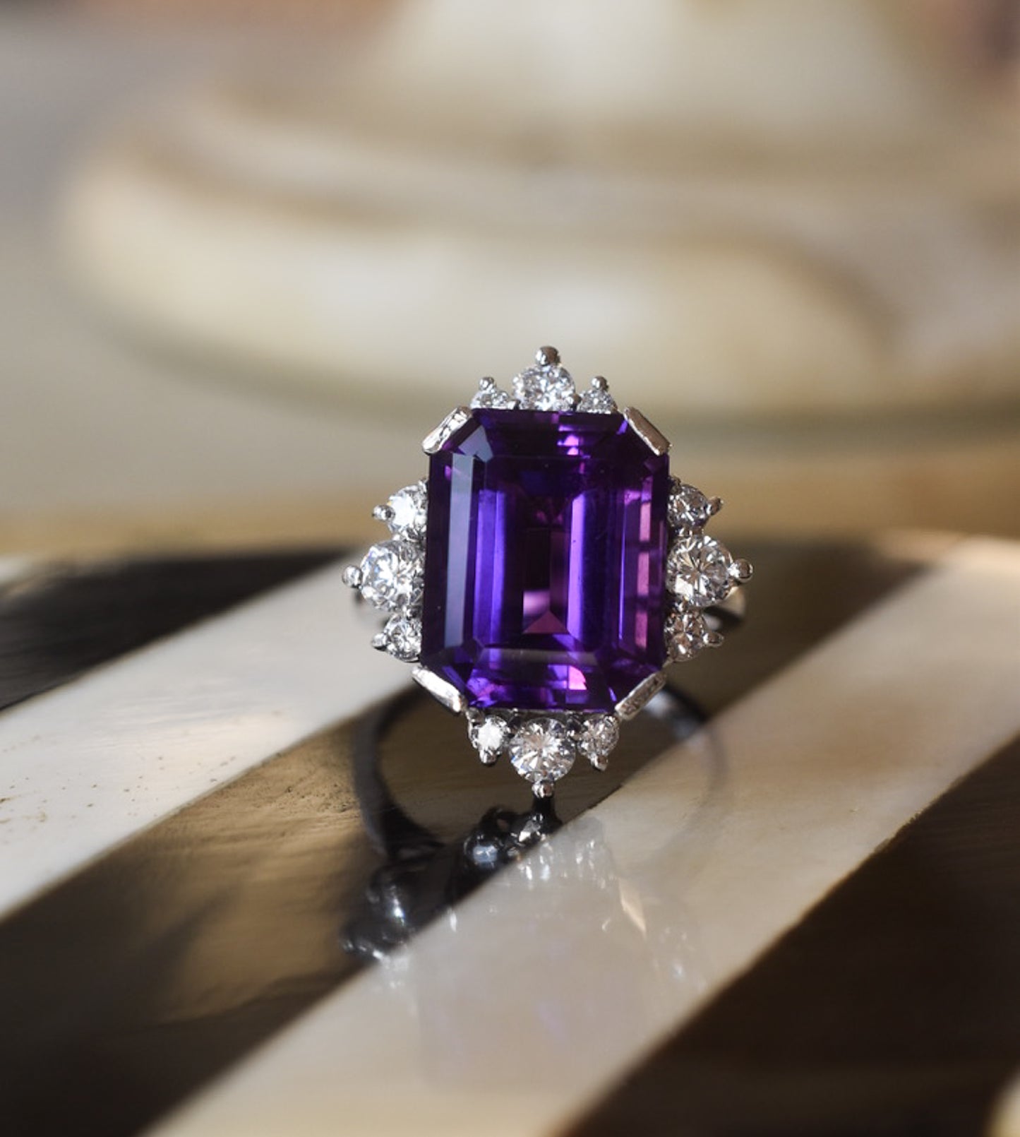 Vintage 1970s Amethyst and Diamond Cocktail Ring in 18k White Gold