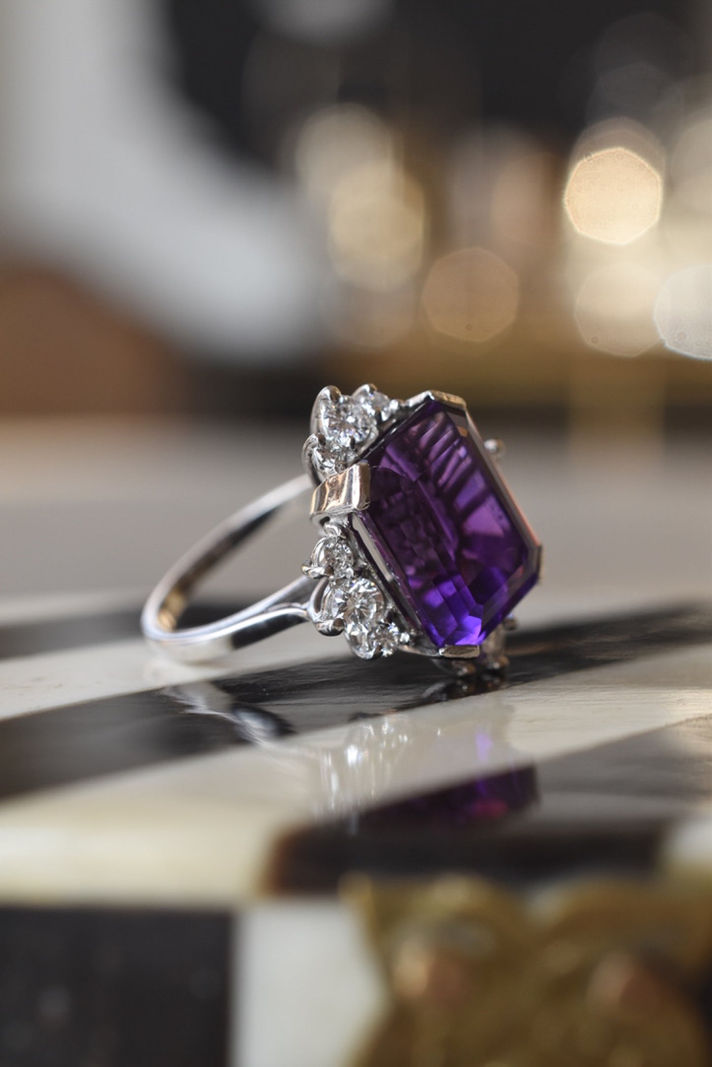 Vintage 1970s Amethyst and Diamond Cocktail Ring in 18k White Gold