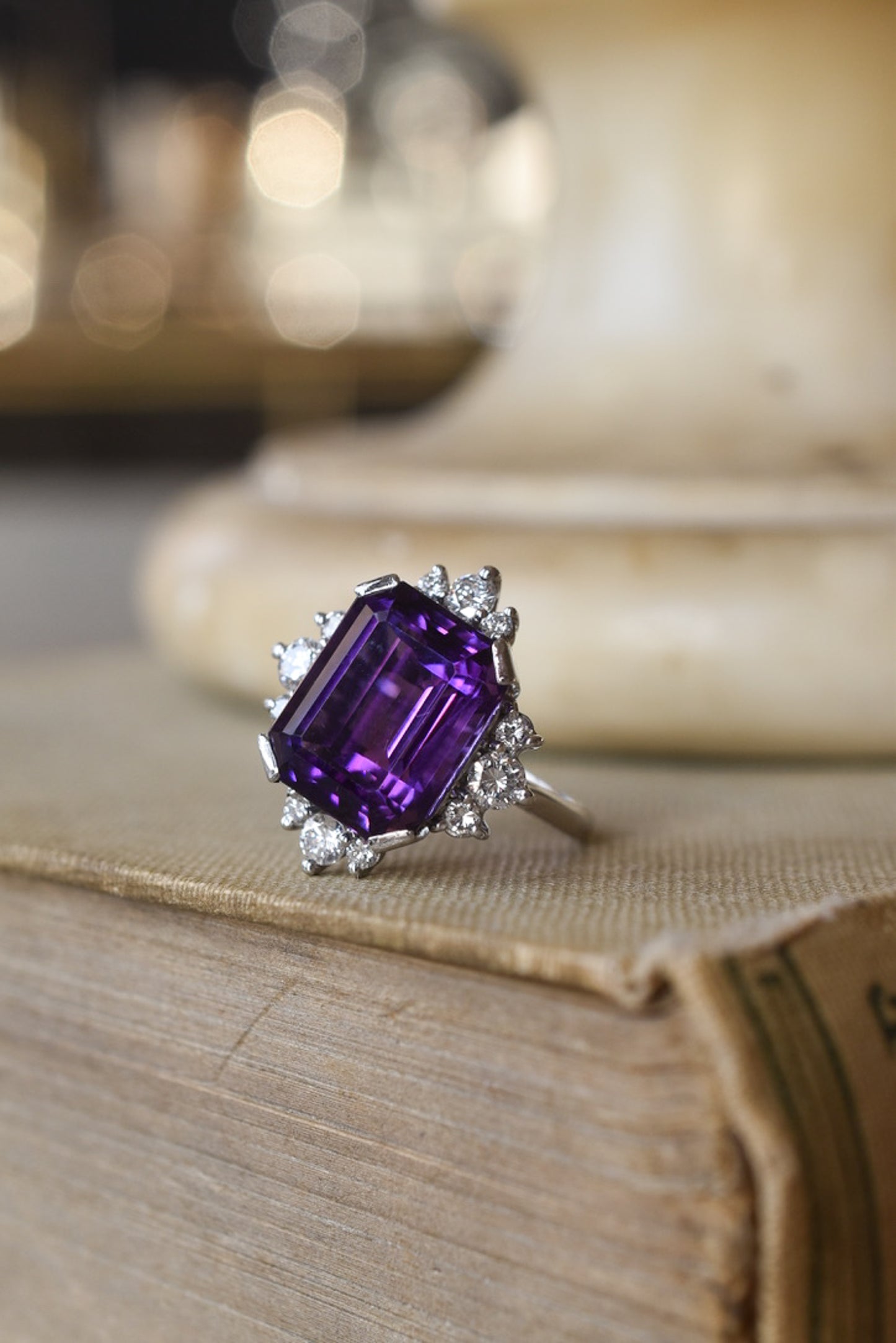 Vintage 1970s Amethyst and Diamond Cocktail Ring in 18k White Gold