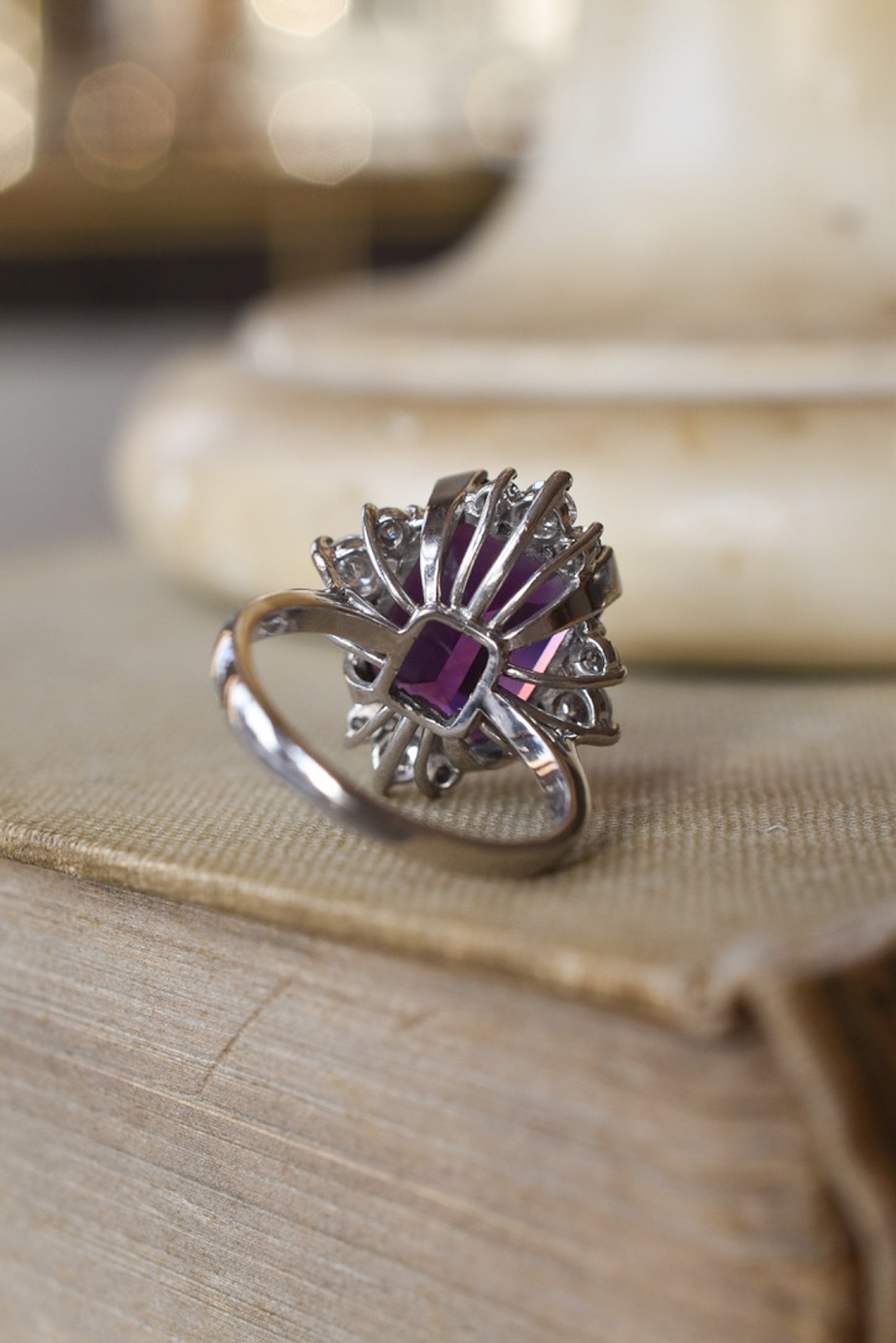 Vintage 1970s Amethyst and Diamond Cocktail Ring in 18k White Gold