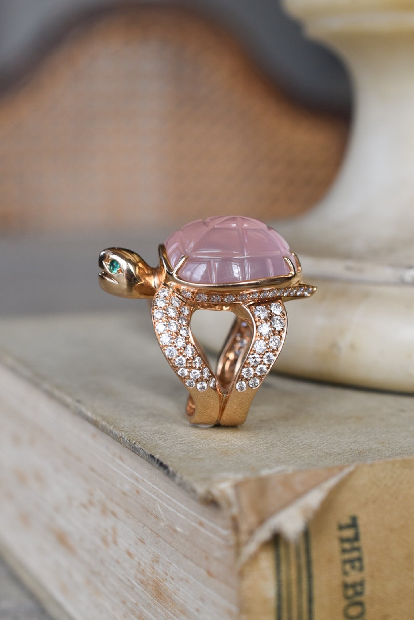 Boucheron 'Honu' Rose Quartz and Diamond Sea Turtle Ring in 18k Yellow Gold