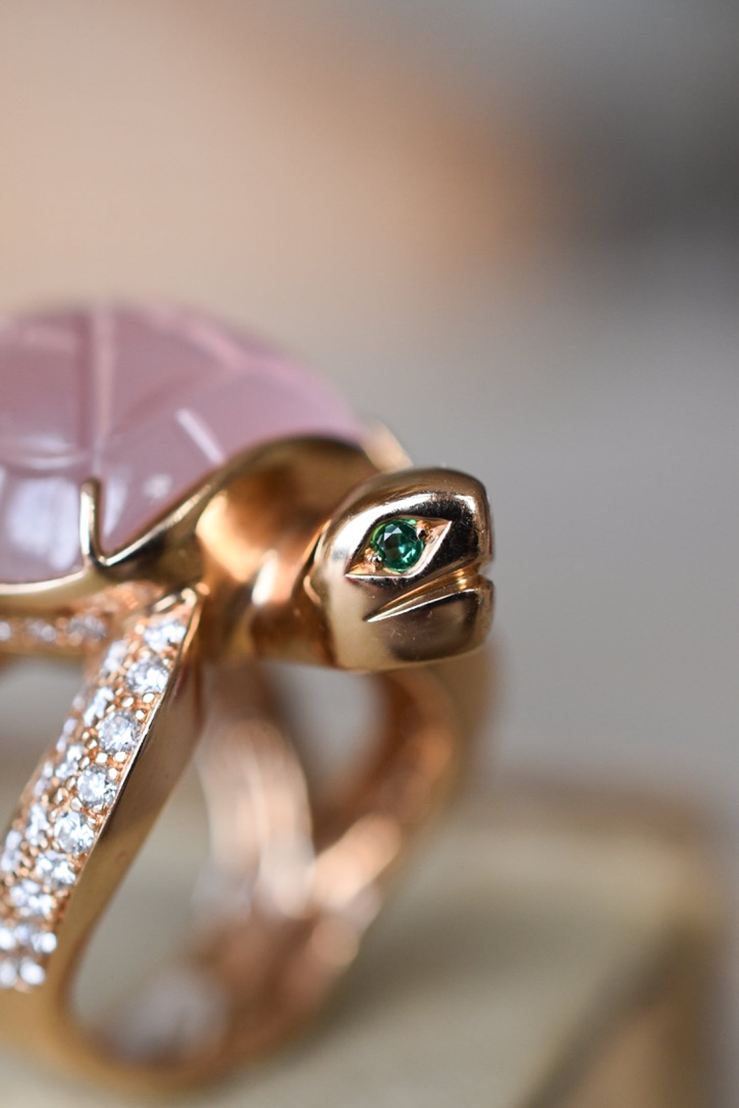 Boucheron 'Honu' Rose Quartz and Diamond Sea Turtle Ring in 18k Yellow Gold