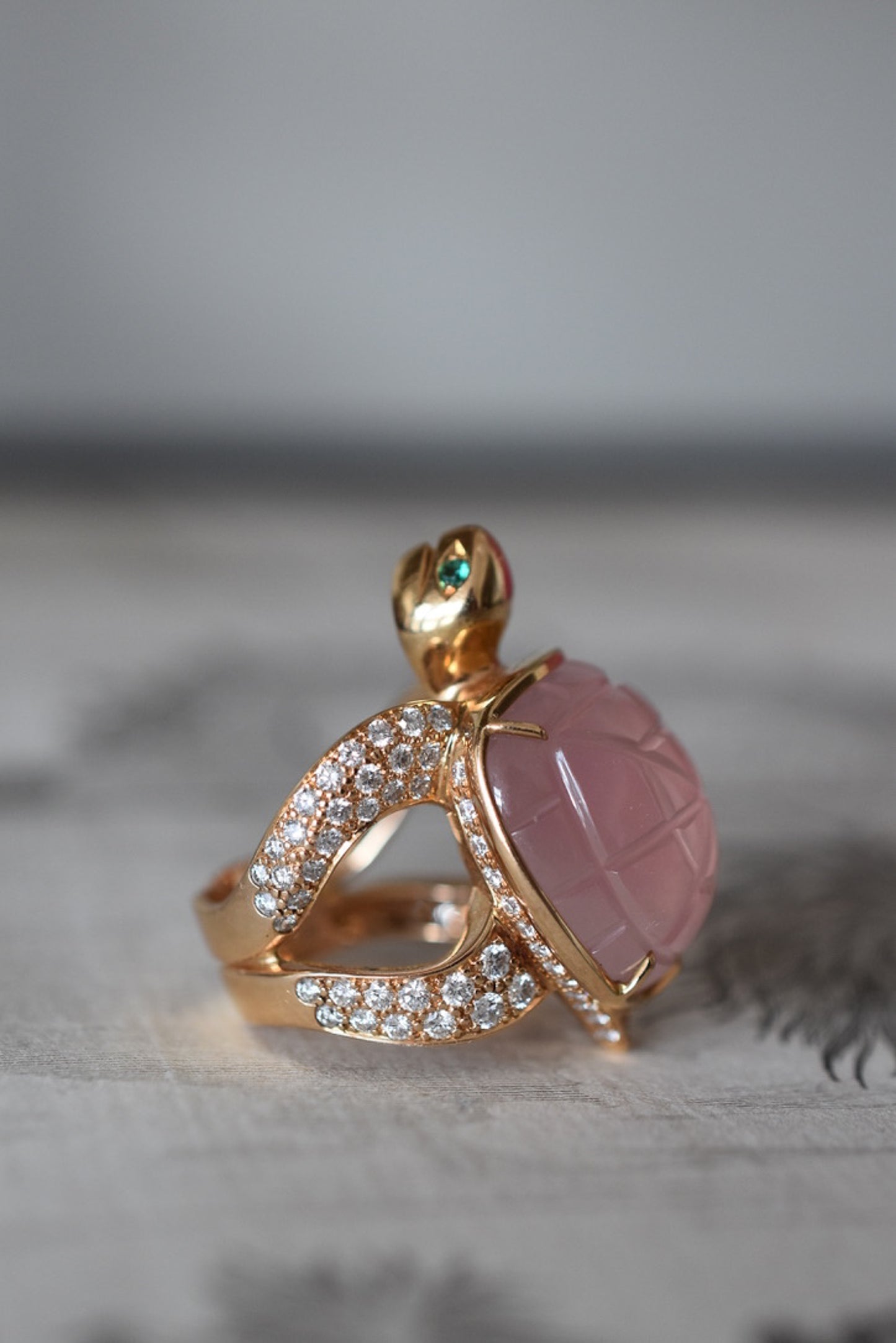 Boucheron 'Honu' Rose Quartz and Diamond Sea Turtle Ring in 18k Yellow Gold