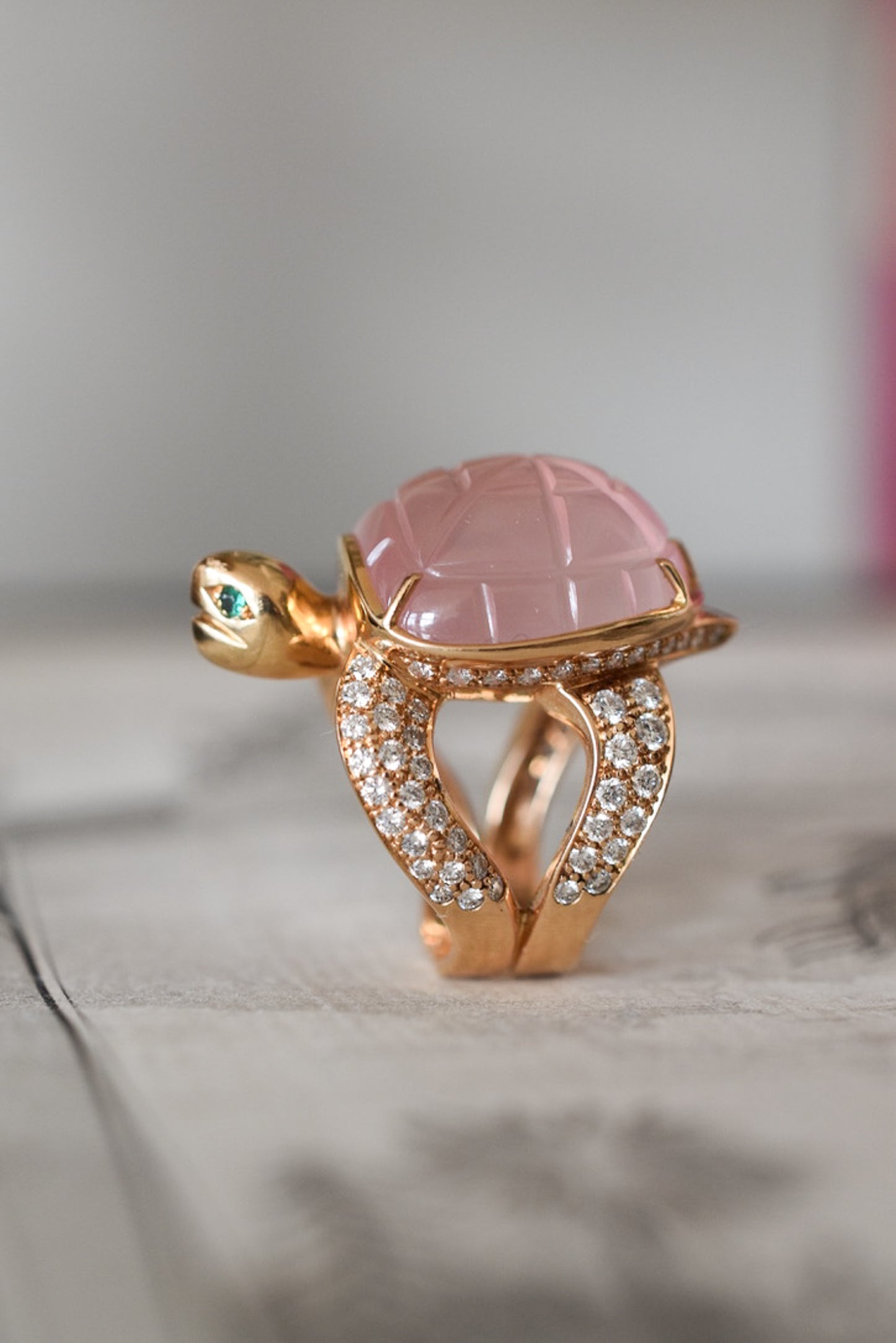 Boucheron 'Honu' Rose Quartz and Diamond Sea Turtle Ring in 18k Yellow Gold