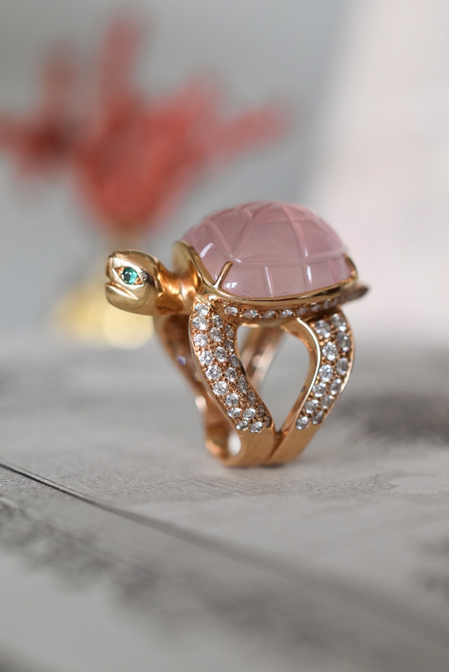 Boucheron 'Honu' Rose Quartz and Diamond Sea Turtle Ring in 18k Yellow Gold
