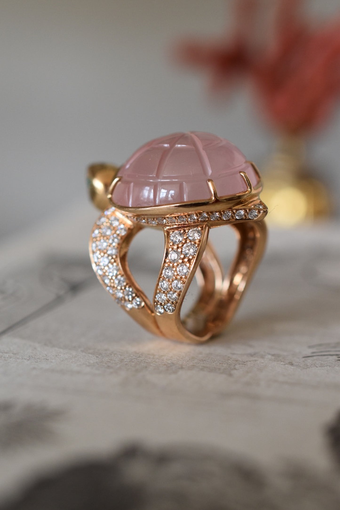 Boucheron 'Honu' Rose Quartz and Diamond Sea Turtle Ring in 18k Yellow Gold