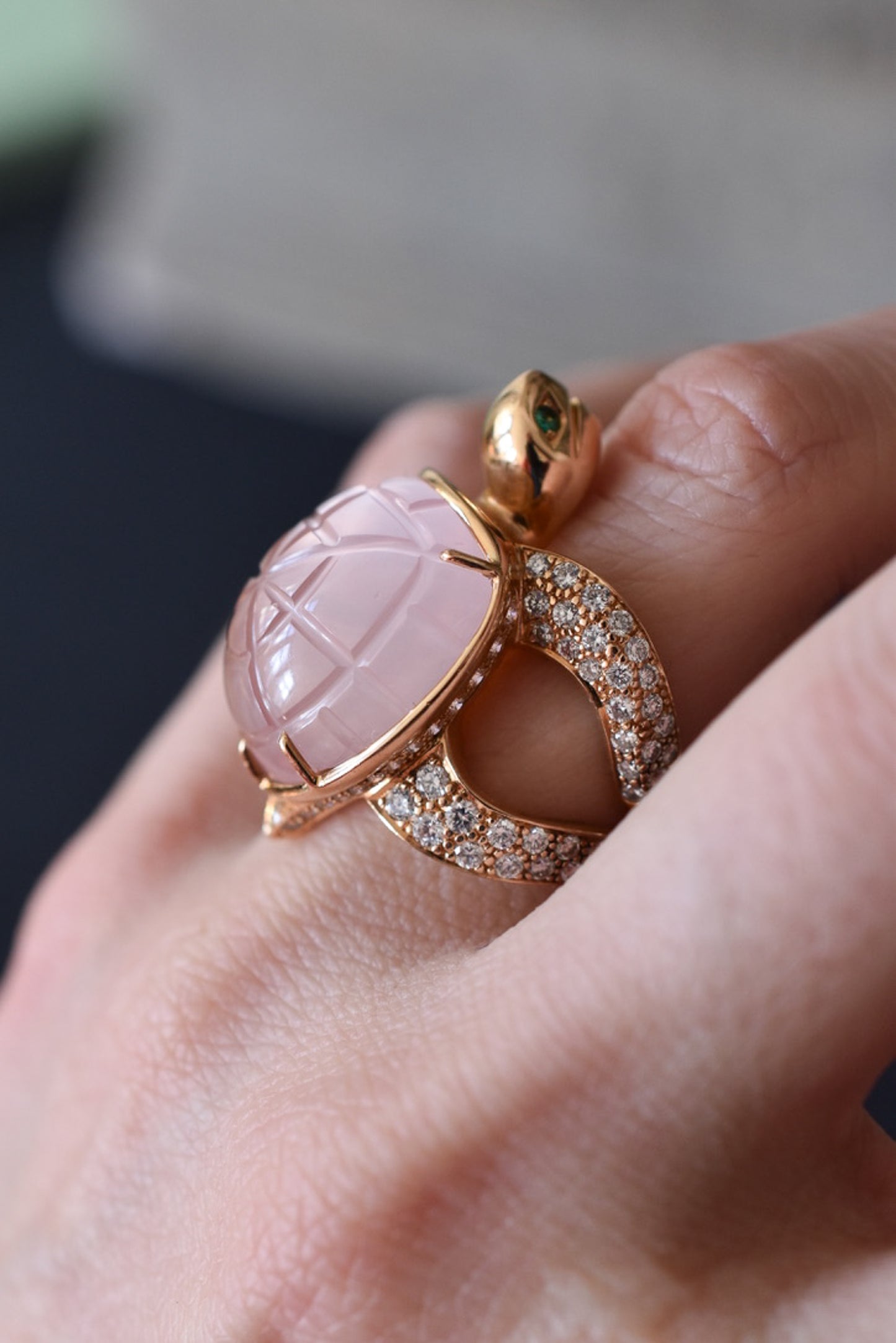 Boucheron 'Honu' Rose Quartz and Diamond Sea Turtle Ring in 18k Yellow Gold