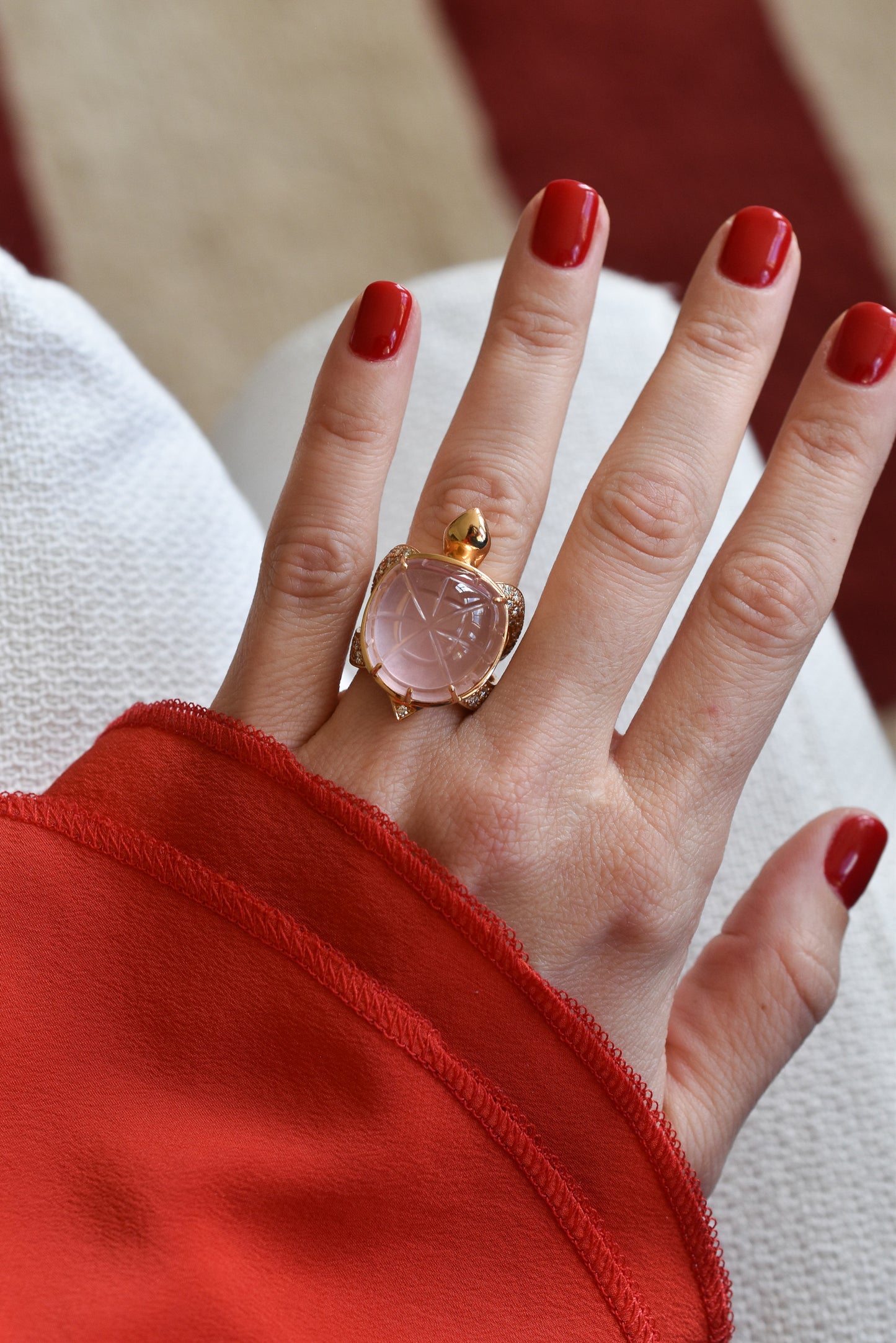 Boucheron 'Honu' Rose Quartz and Diamond Sea Turtle Ring in 18k Yellow Gold