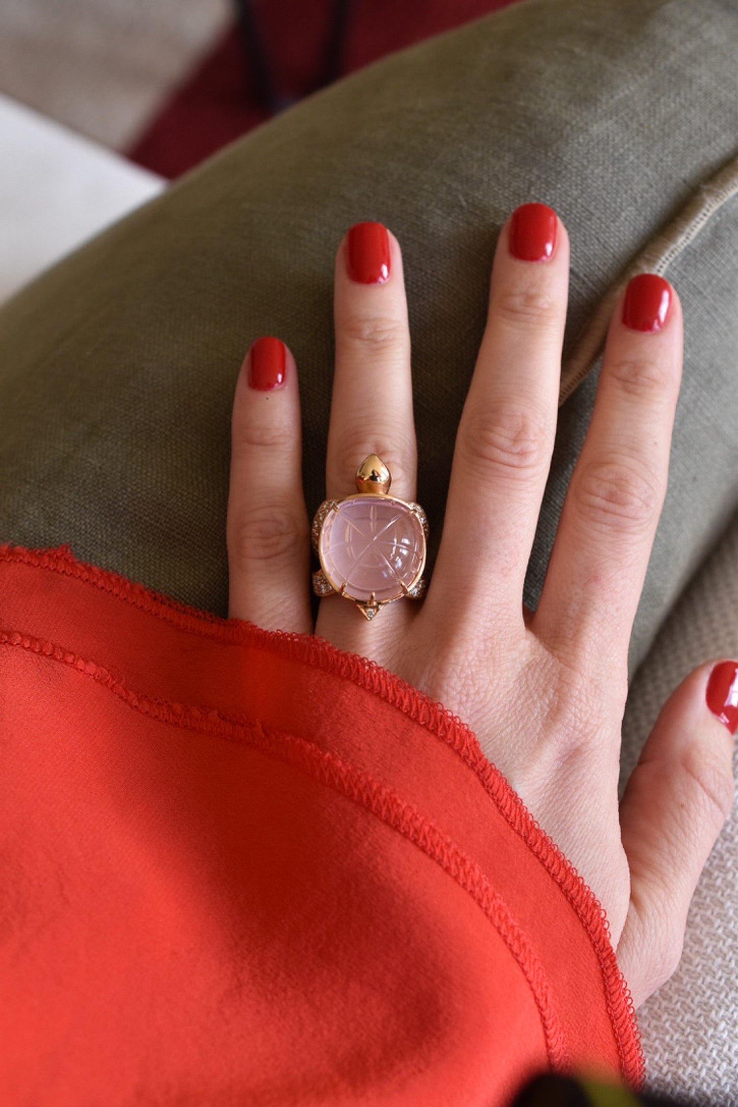 Boucheron 'Honu' Rose Quartz and Diamond Sea Turtle Ring in 18k Yellow Gold