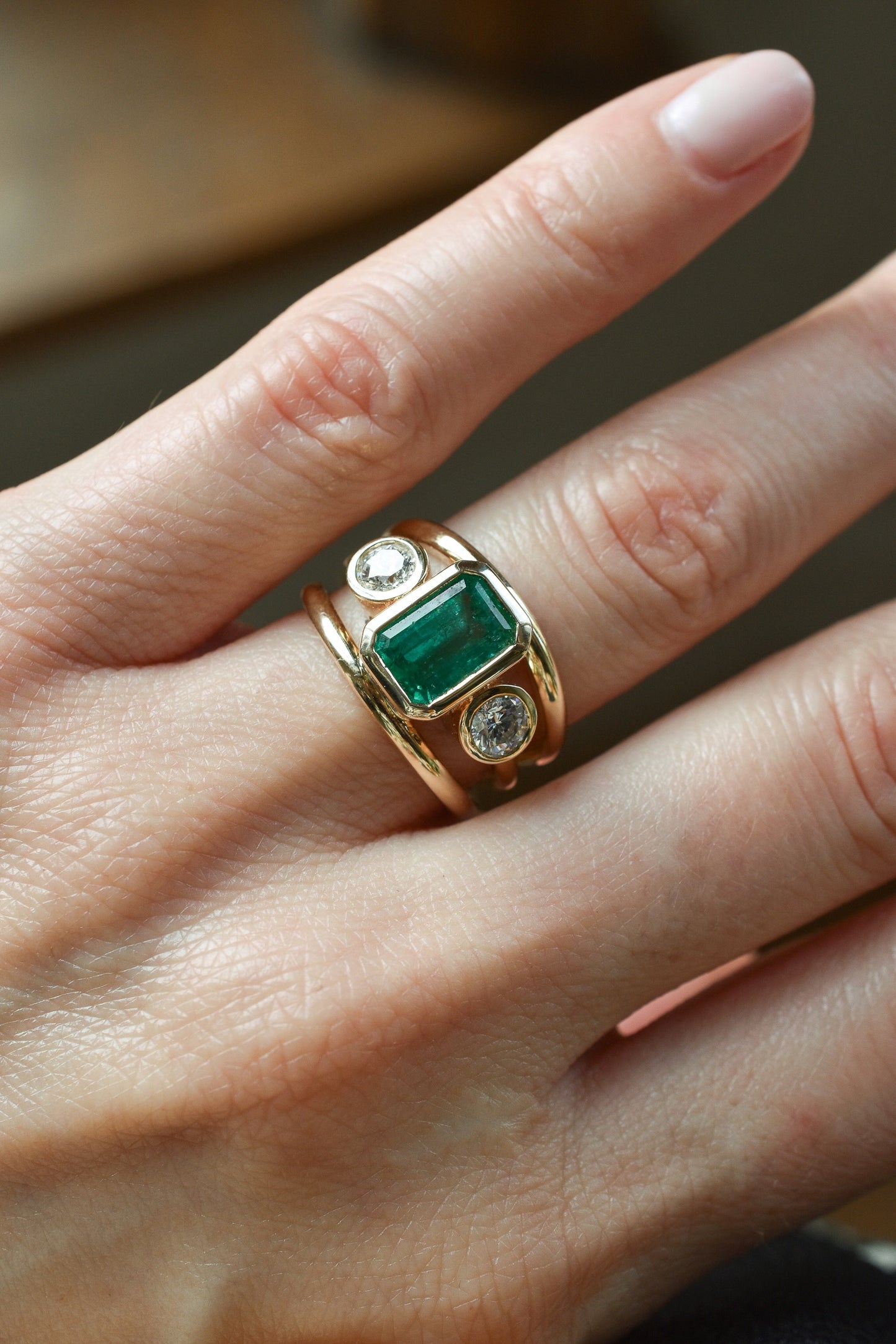 2.5ct Emerald and Diamond Trilogy Ring - Three Row Band