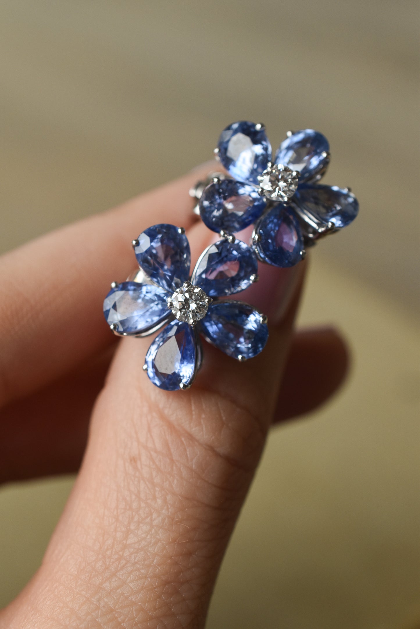 10ct Ceylon Sapphire and Diamond Flower Cluster Earrings in Platinum