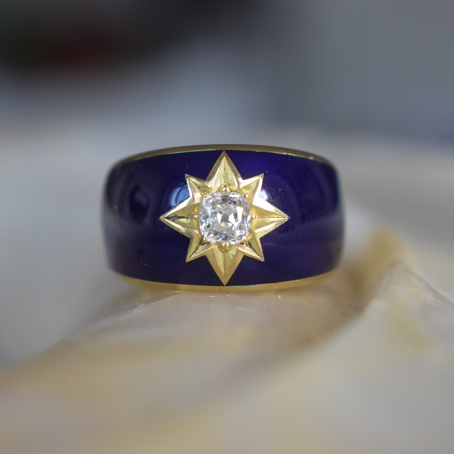 Old Mine cut Diamond and Blue Enamel Celestial ‘Star’ Ring in 18k Yellow Gold