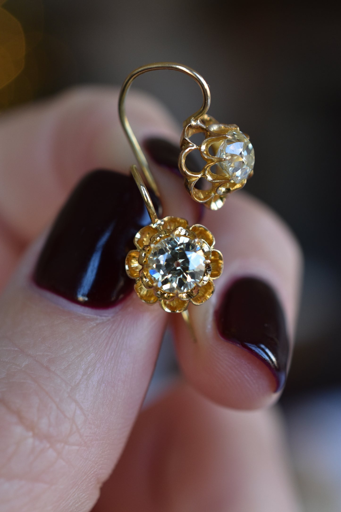 1.00ct Antique 18ct Gold Buttercup Solitaire Diamond Earrings - Victorian Diamond Earrings