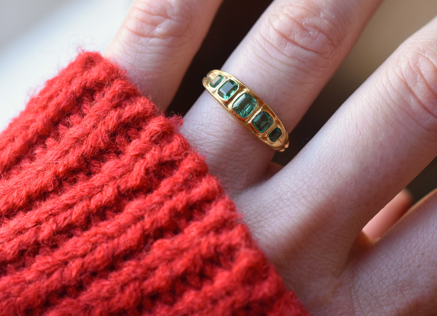 Antique Emerald Five Stone Ring in 18k Yellow Gold