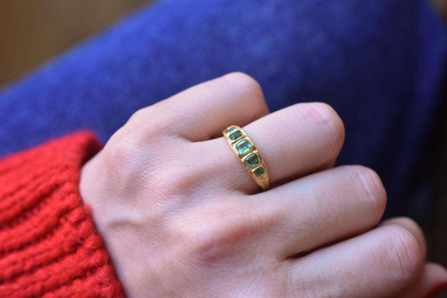 Antique Emerald Five Stone Ring in 18k Yellow Gold