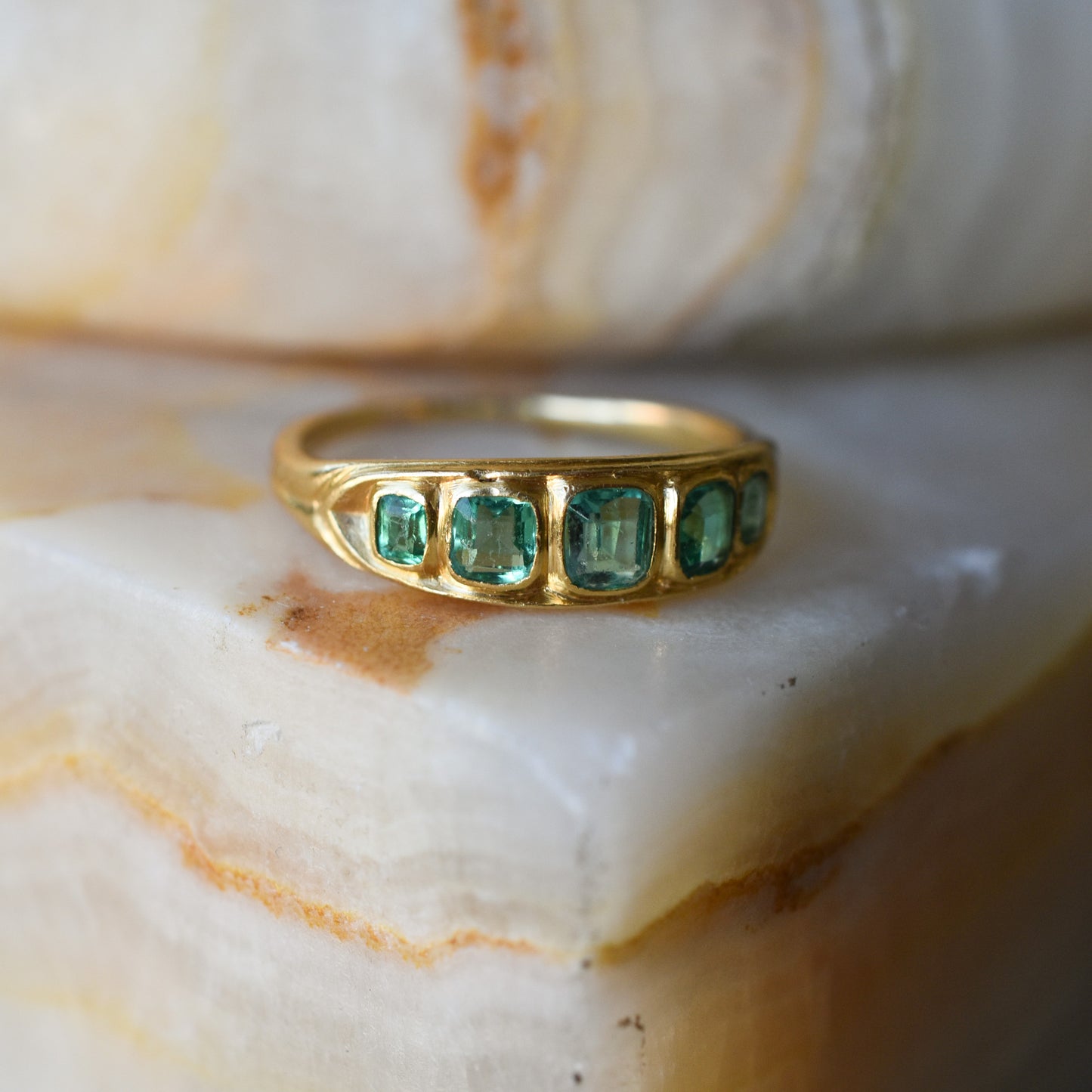 Antique Emerald Five Stone Ring in 18k Yellow Gold