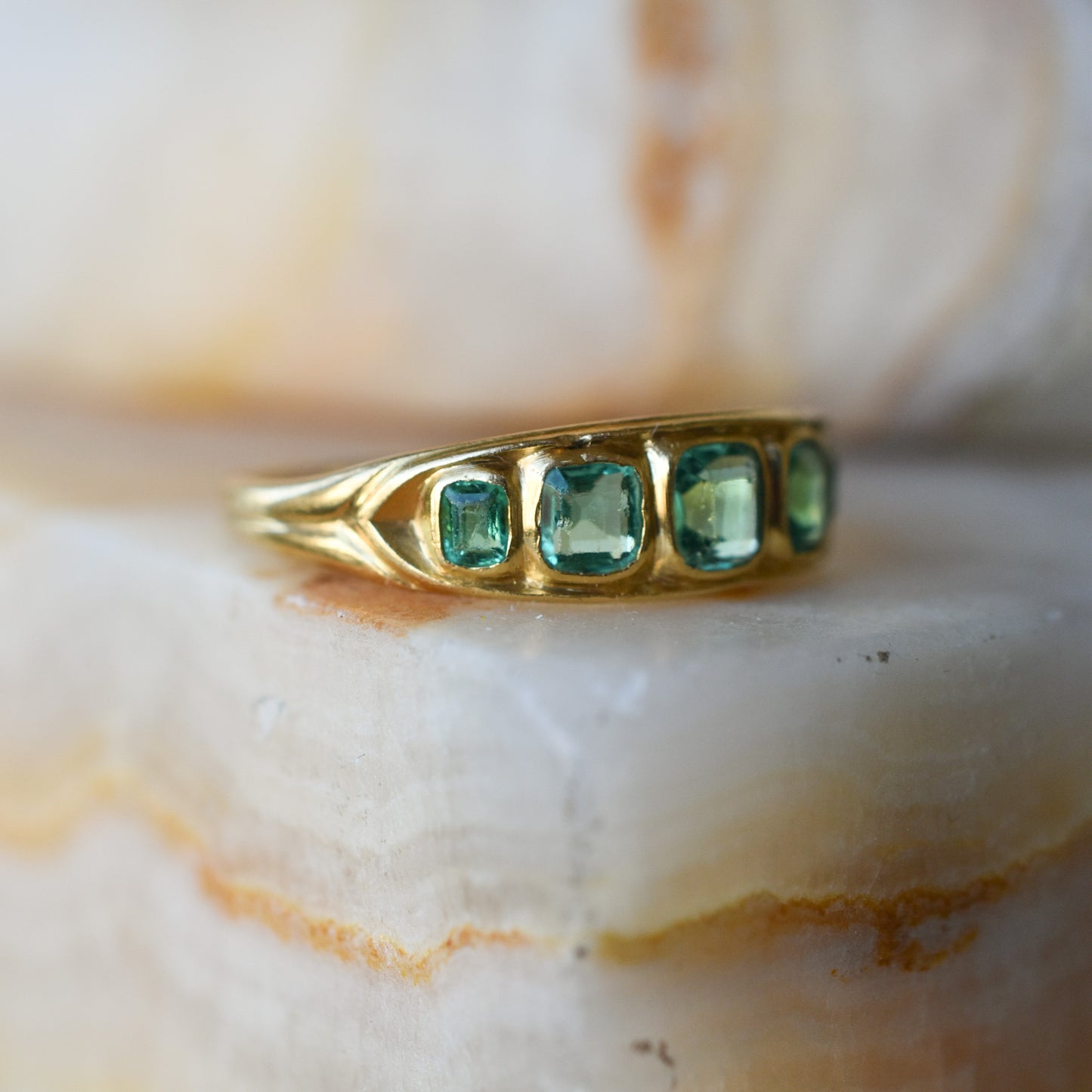Antique Emerald Five Stone Ring in 18k Yellow Gold