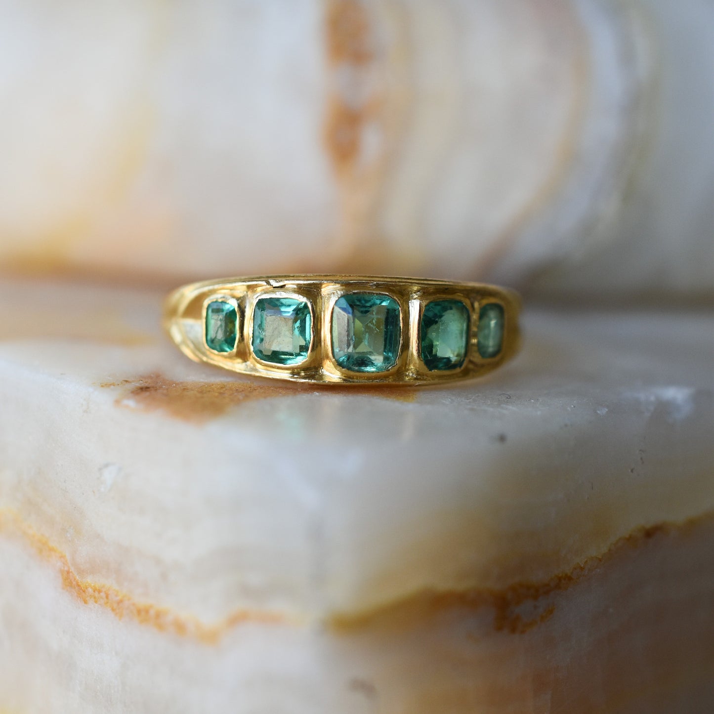 Antique Emerald Five Stone Ring in 18k Yellow Gold