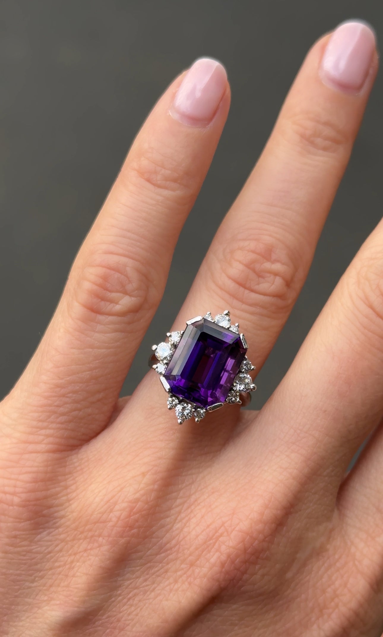 Vintage 1970s Amethyst and Diamond Cocktail Ring in 18k White Gold