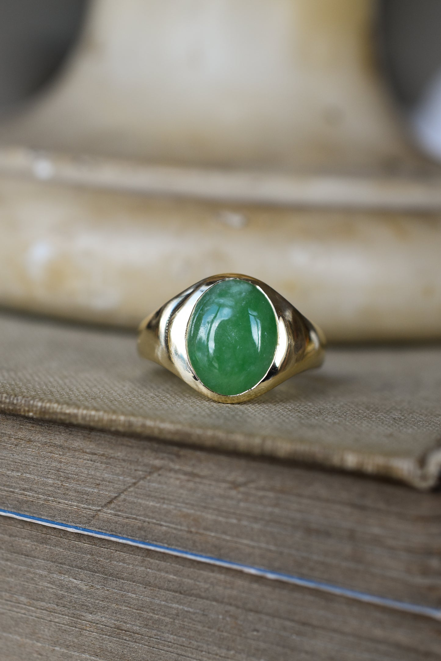3ct Natural Untreated 'Type A' Jade Signet Ring in 18K Yellow Gold