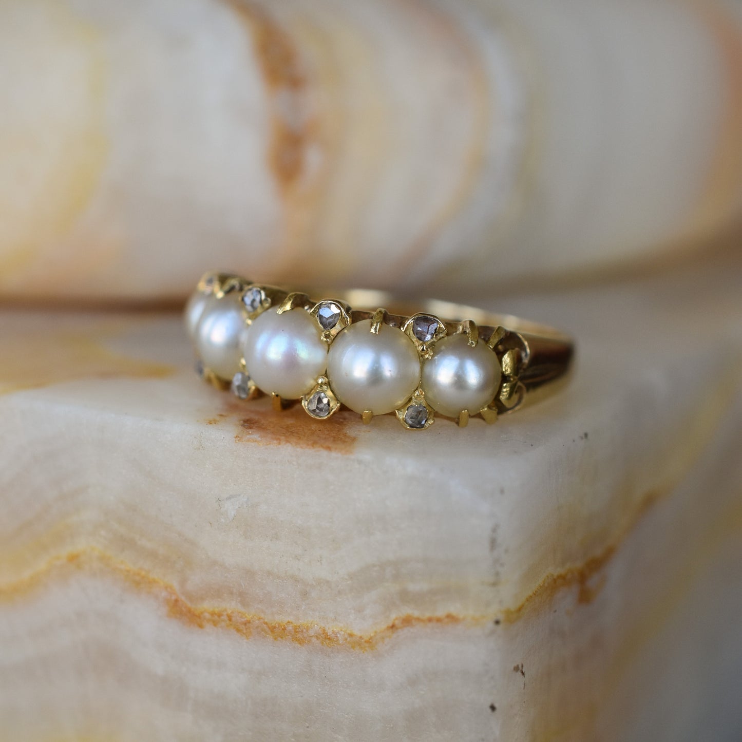 Antique Pearl and Rose cut Diamond Ring mounted on 18k Yellow Gold