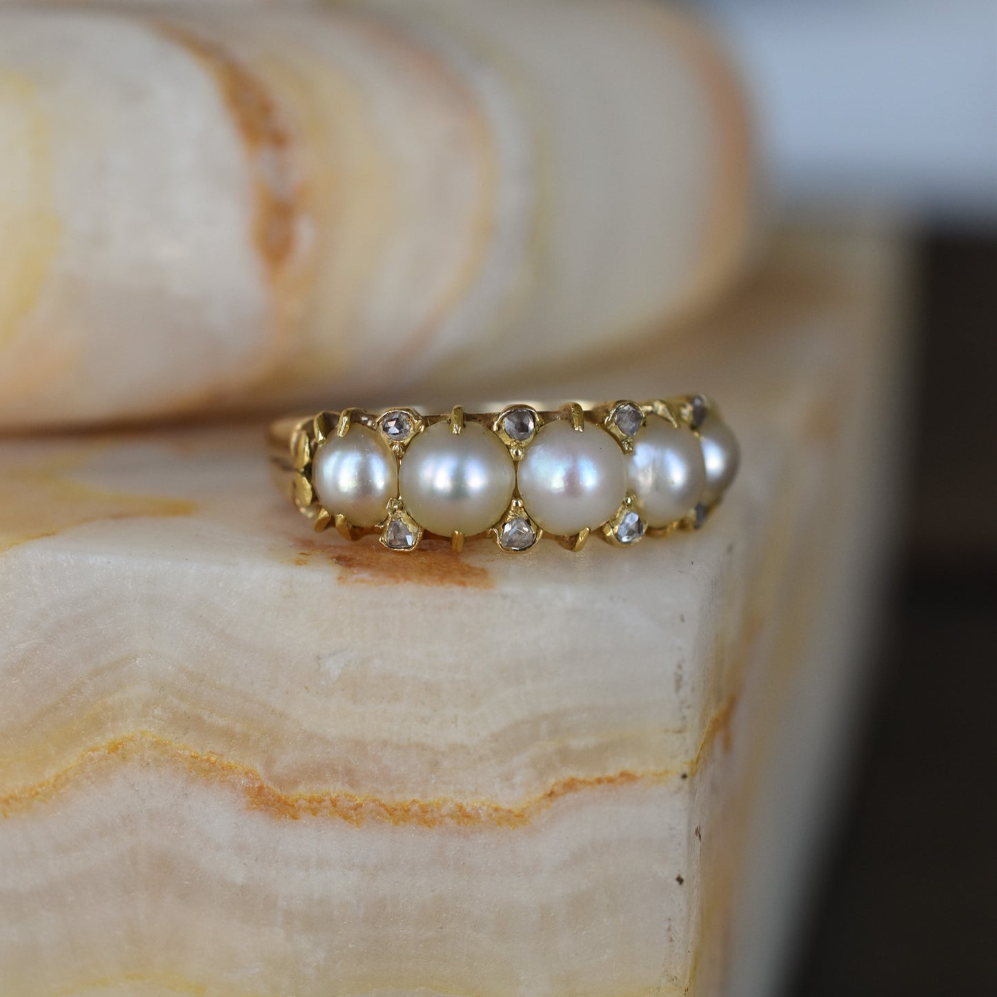 Antique Pearl and Rose cut Diamond Ring mounted on 18k Yellow Gold