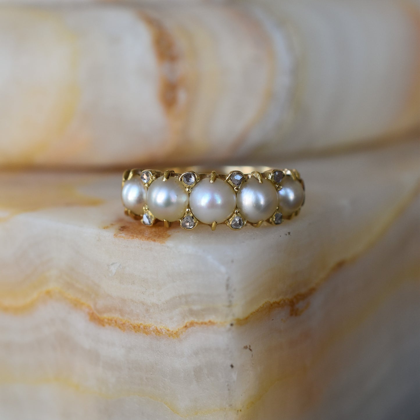 Antique Pearl and Rose cut Diamond Ring mounted on 18k Yellow Gold