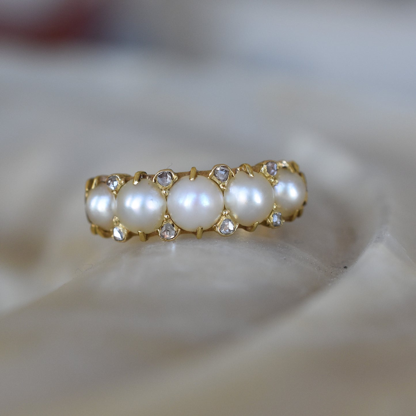 Antique Pearl and Rose cut Diamond Ring mounted on 18k Yellow Gold