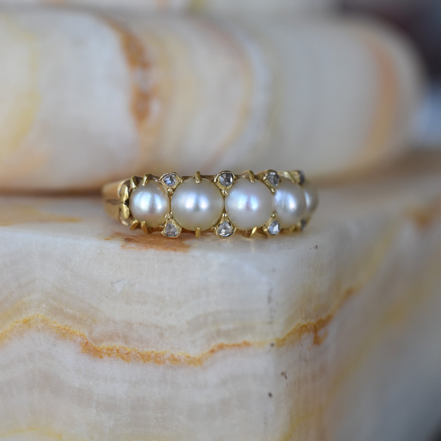 Antique Pearl and Rose cut Diamond Ring mounted on 18k Yellow Gold