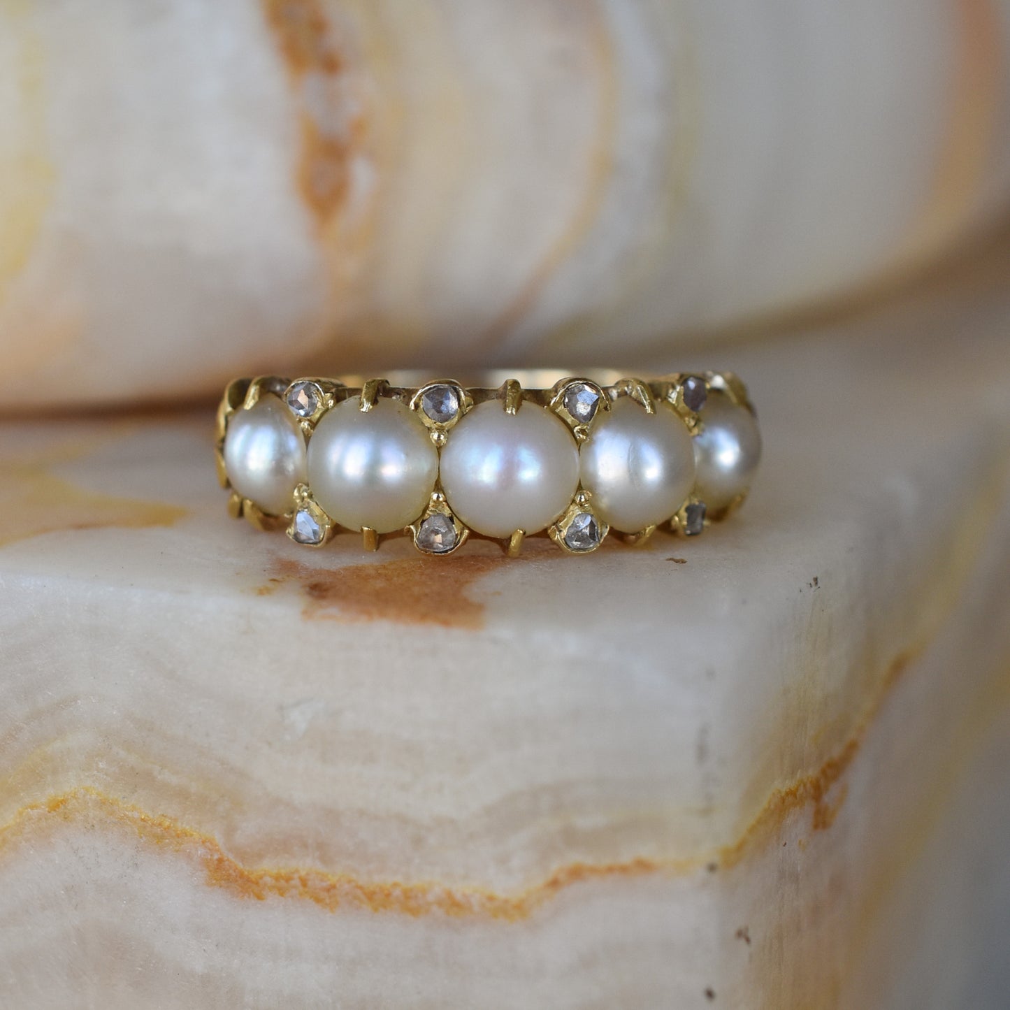 Antique Pearl and Rose cut Diamond Ring mounted on 18k Yellow Gold