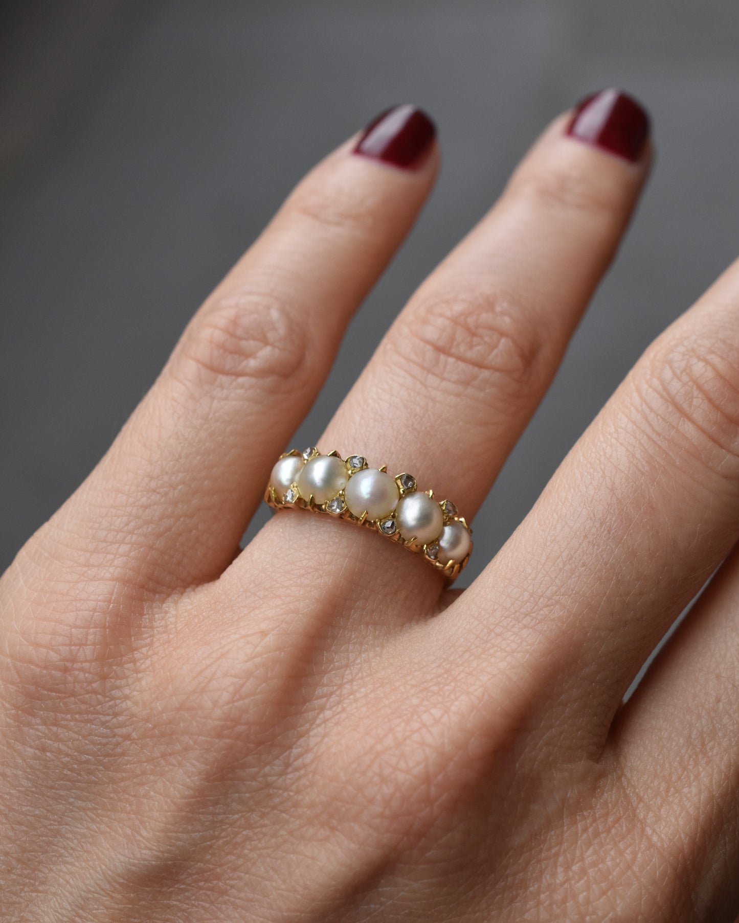 Antique Pearl and Rose cut Diamond Ring mounted on 18k Yellow Gold