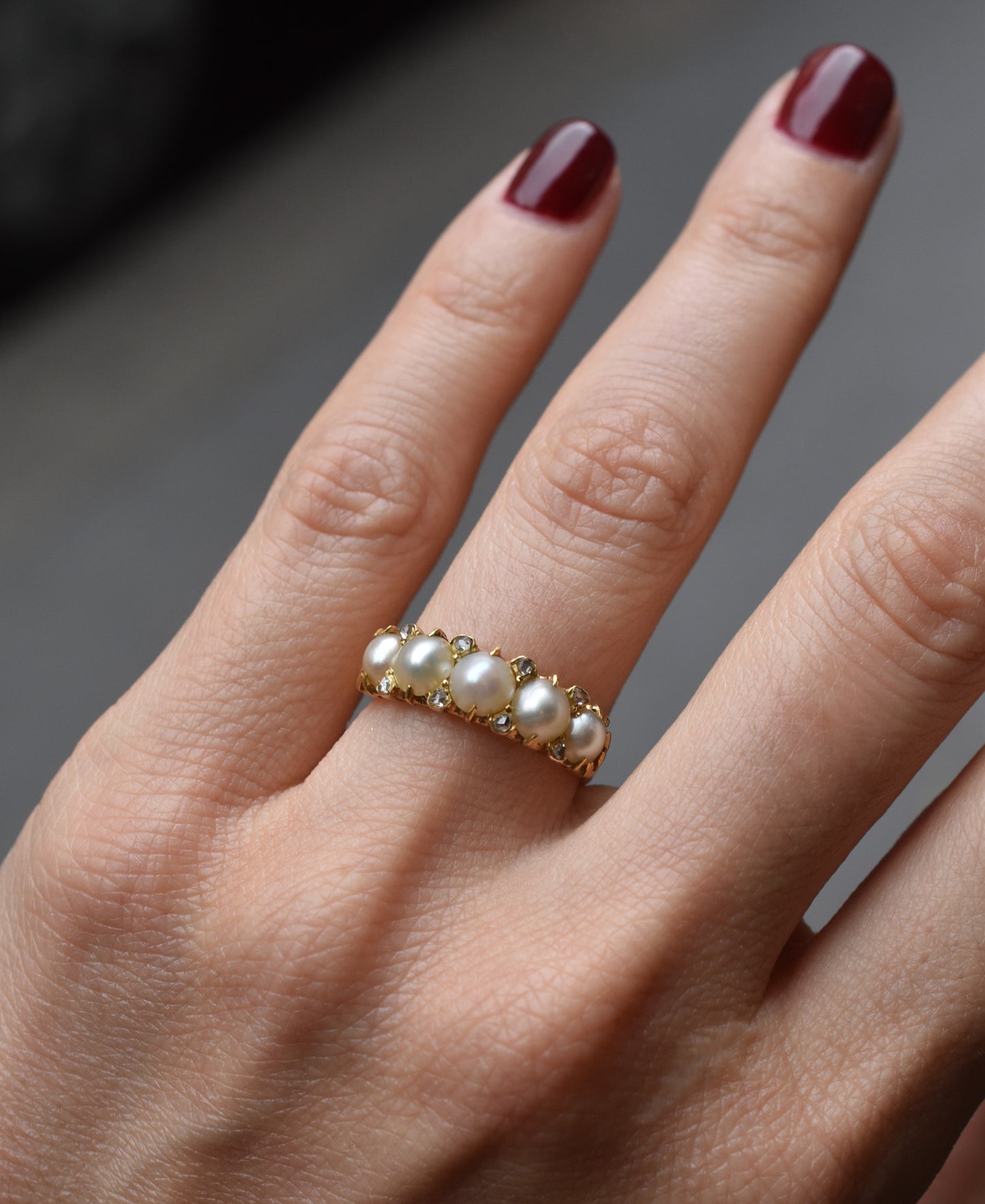 Antique Pearl and Rose cut Diamond Ring mounted on 18k Yellow Gold