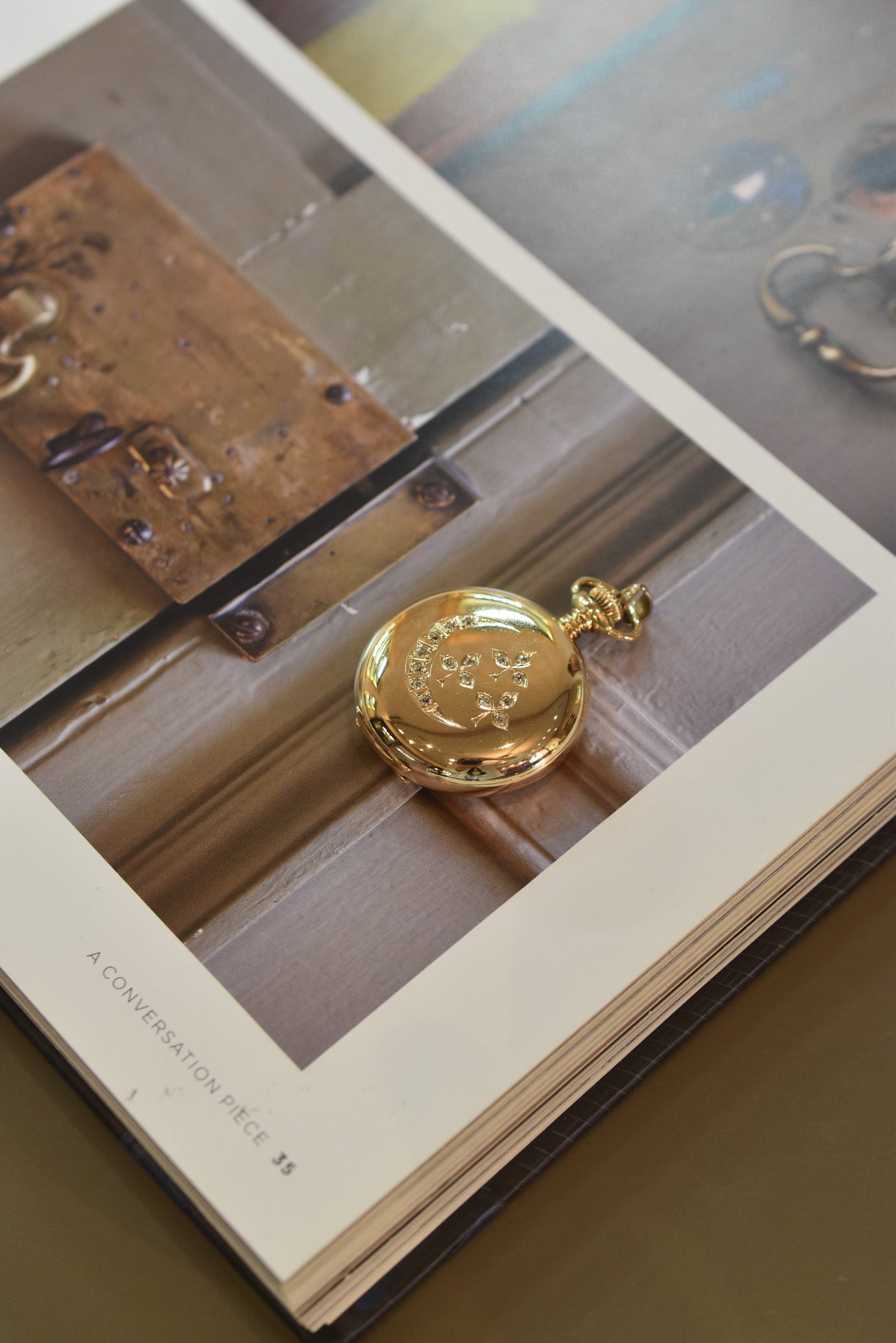 Antique Diamond Crescent Moon & Clover 14k Gold Pendant / Pocket Watch (37 grams)