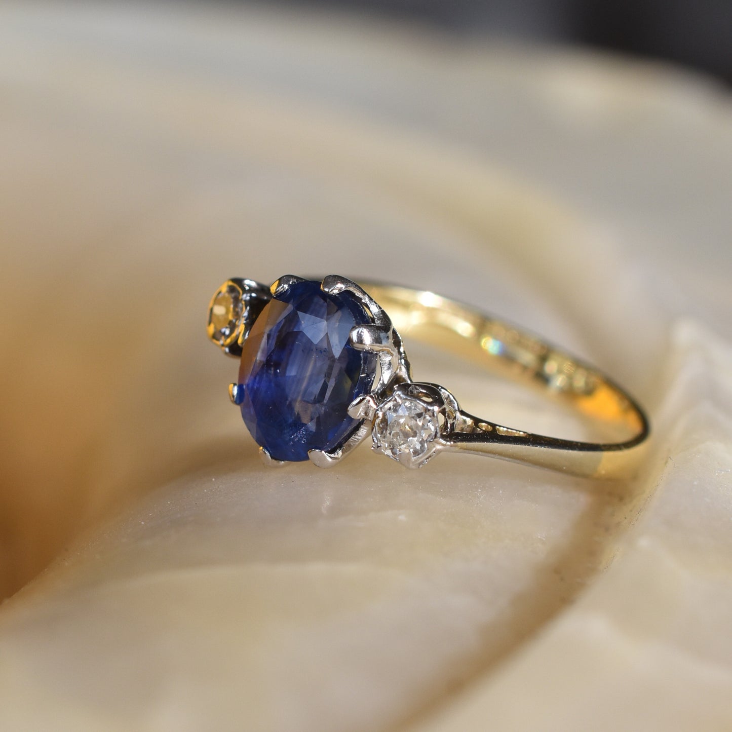 Antique 1.75ct Sapphire and Diamond Solitaire Engagement Ring in 18k Yellow Gold and Platinum