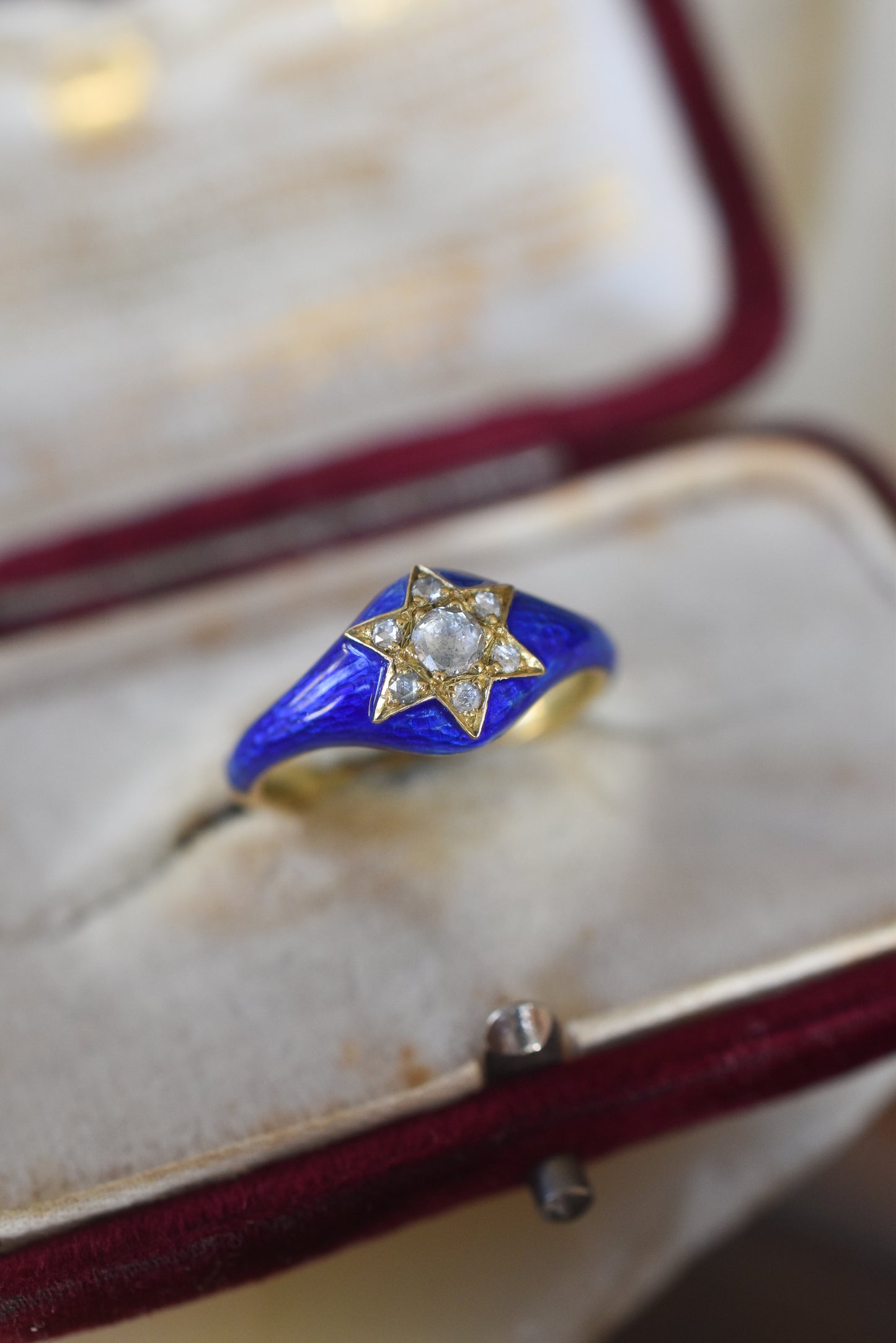 Blue Enamel and Rose cut Diamond Star Ring in 18k Yellow Gold