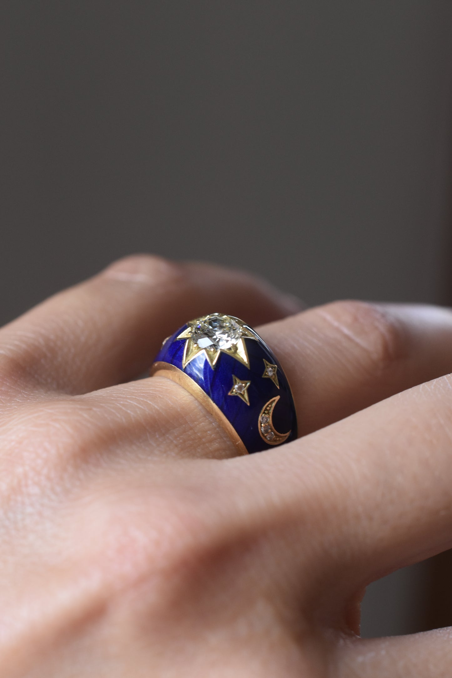 Old European cut Diamond and Blue Enamel Celestial ‘Star’ Ring in 18k Yellow Gold