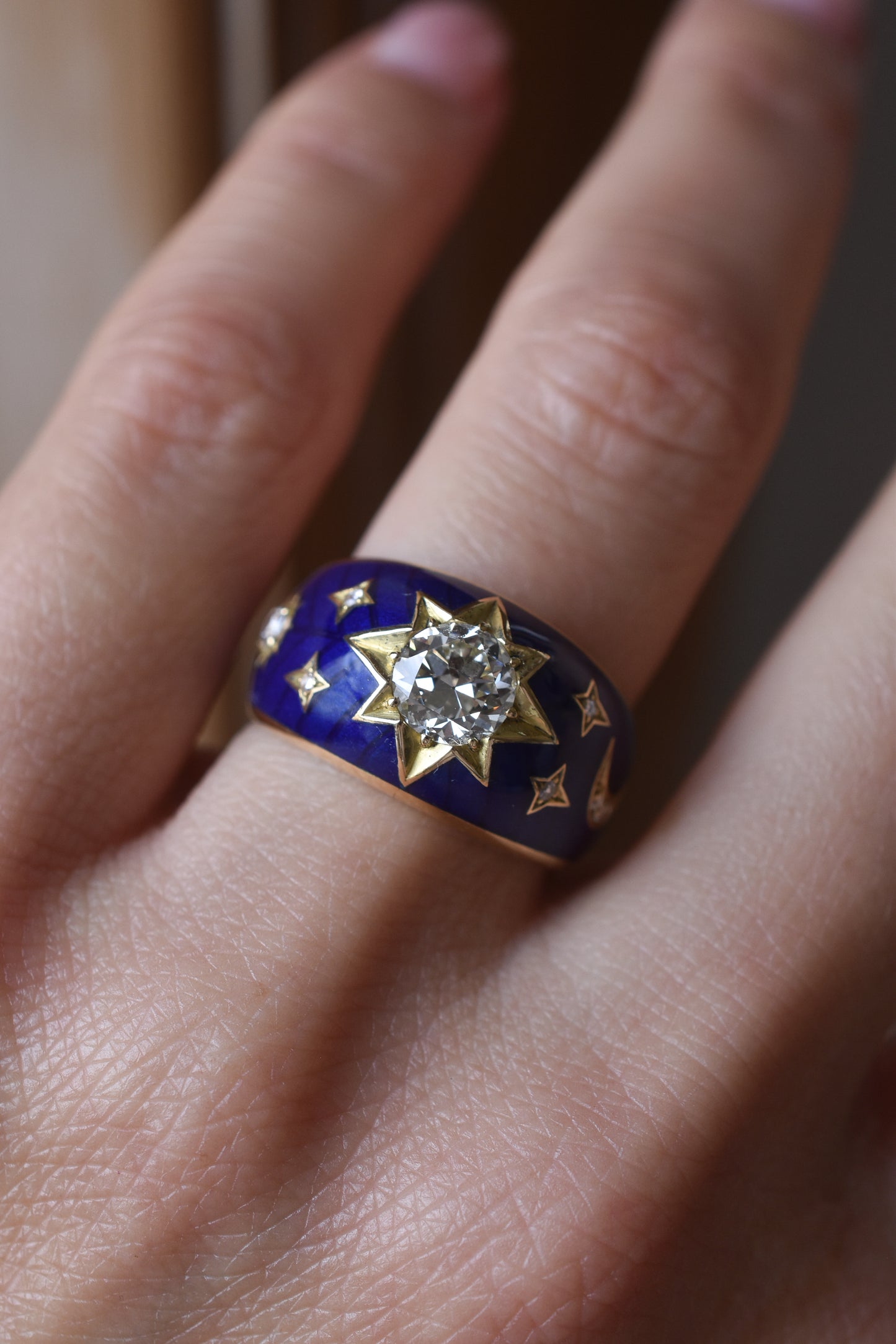 Old European cut Diamond and Blue Enamel Celestial ‘Star’ Ring in 18k Yellow Gold