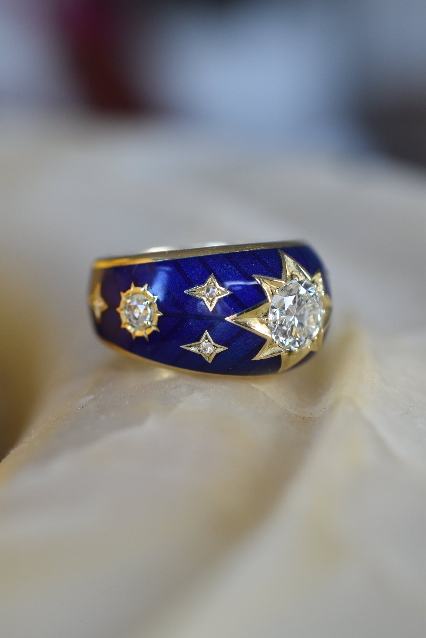 Old European cut Diamond and Blue Enamel Celestial ‘Star’ Ring in 18k Yellow Gold