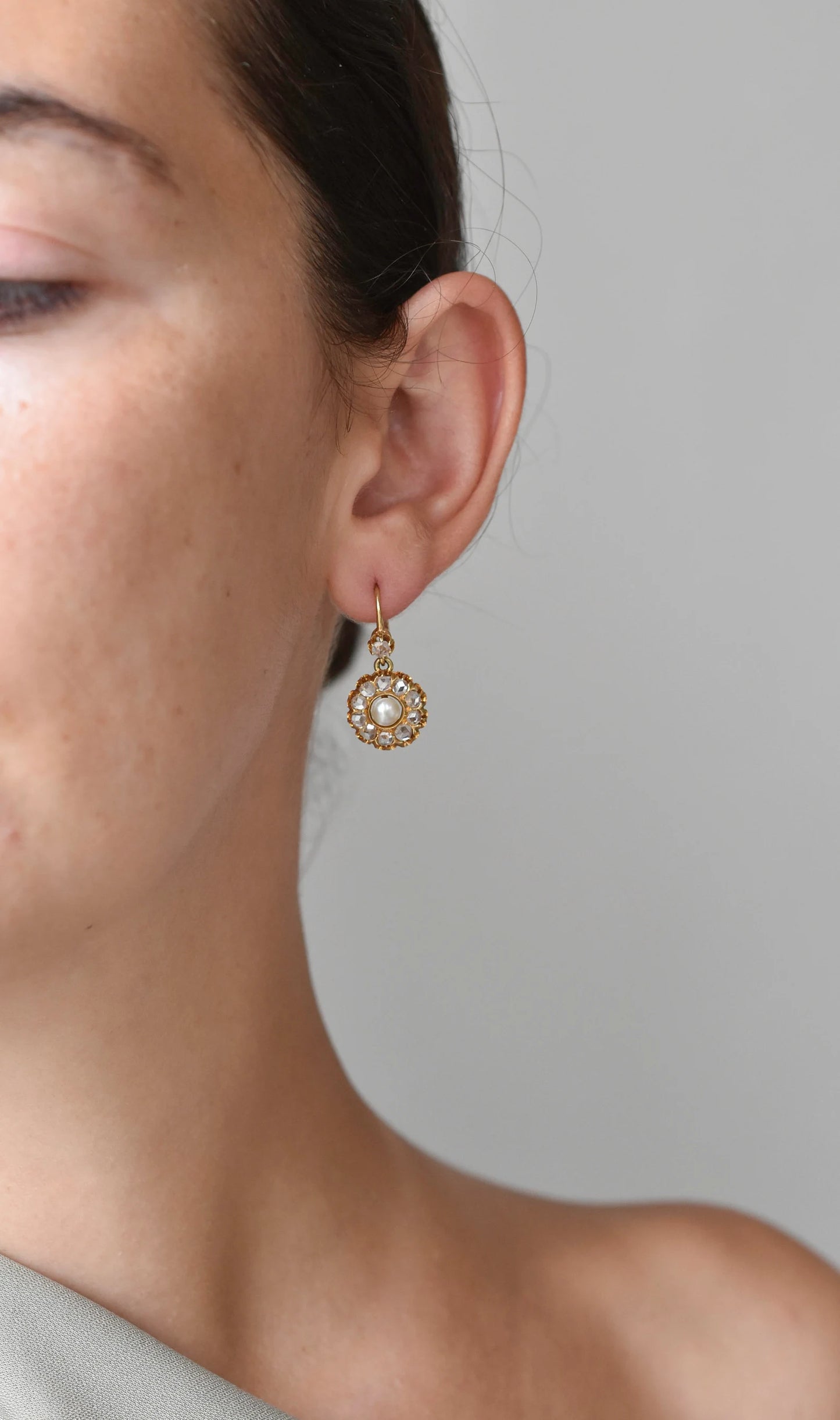 Vintage Italian Rose cut Diamond & Pearl Cluster Earrings