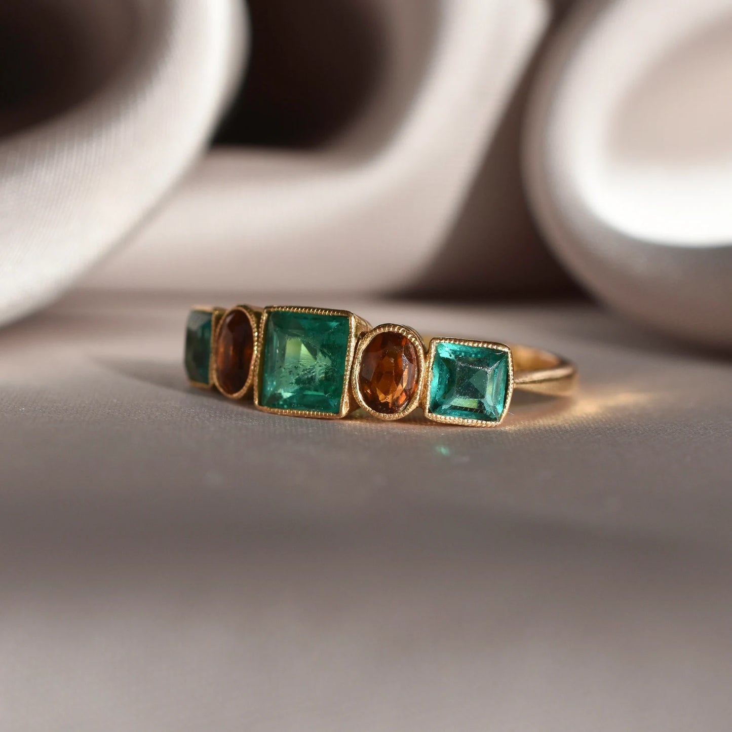 Vintage Emerald And Zircon Five Stone Ring in 22k Gold