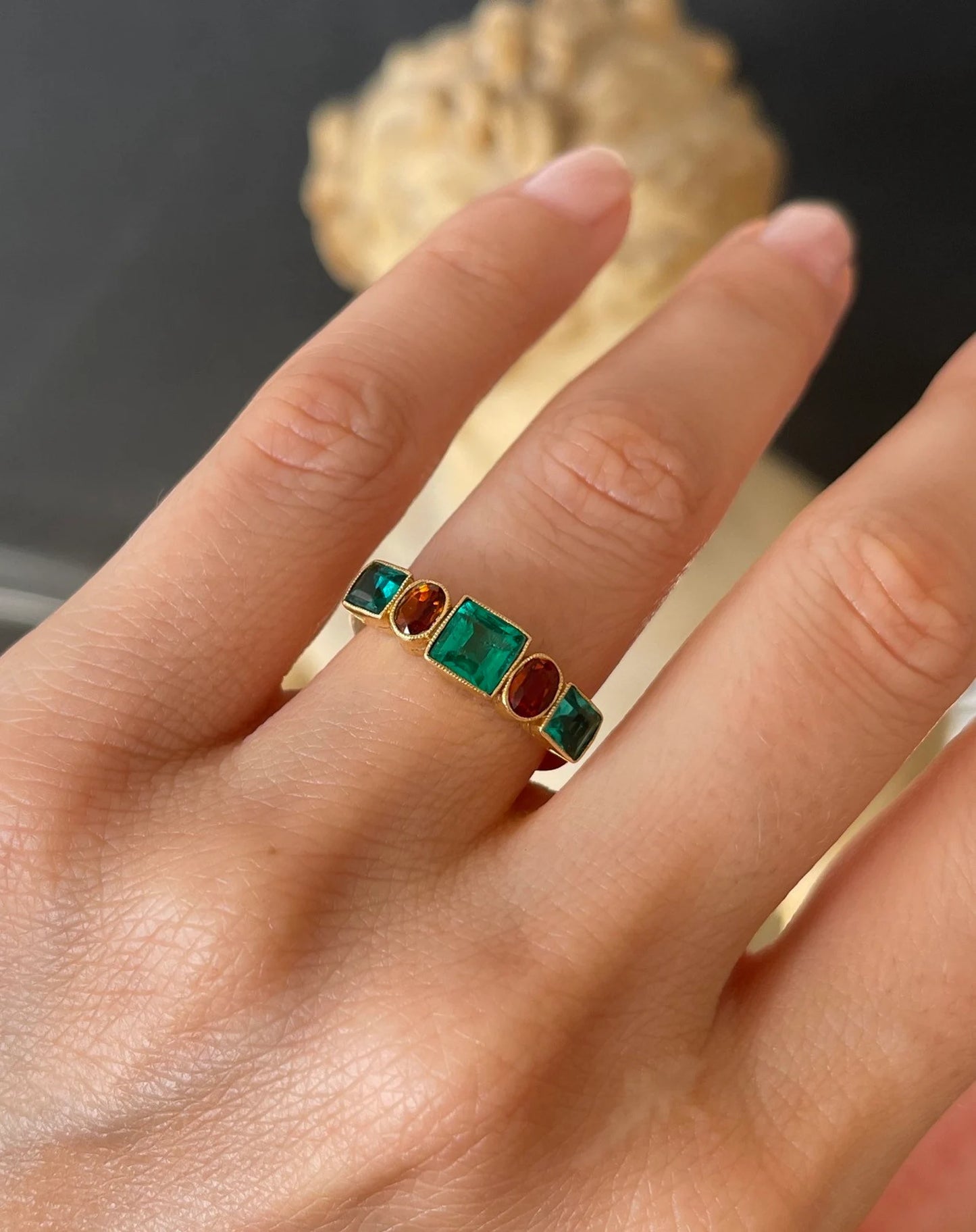 Vintage Emerald And Zircon Five Stone Ring in 22k Gold